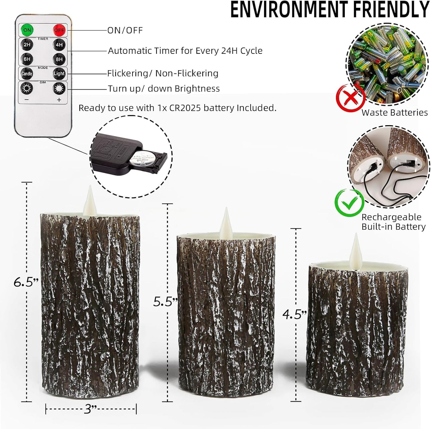 NICEME Rechargeable LED Pine Bark Flameless Candles with Timer Remote USB Cable, Brown Real Wax USB Candles Flickering