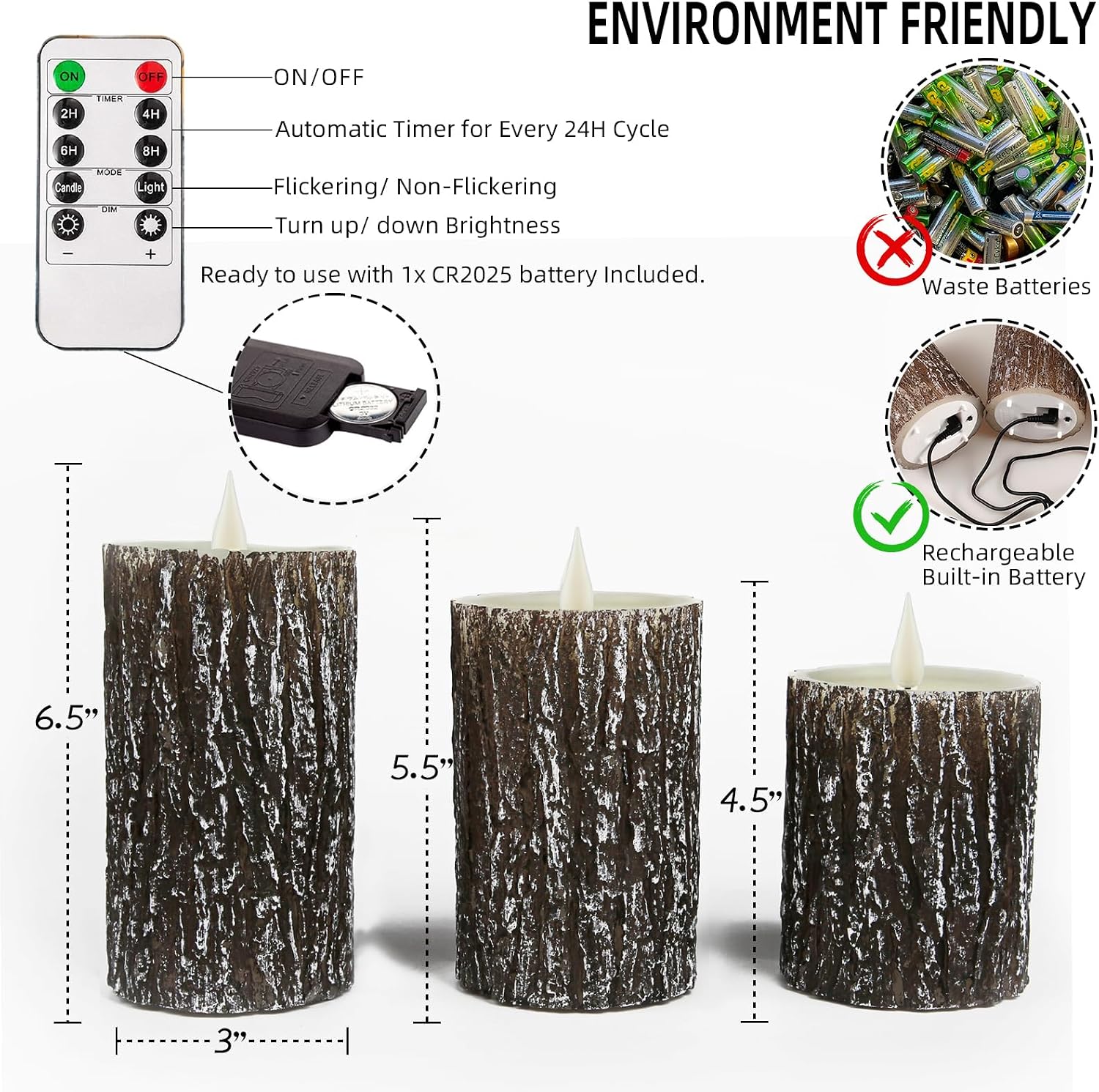 NICEME Rechargeable LED Pine Bark Flameless Candles with Timer Remote USB Cable, Brown Real Wax USB Candles Flickering