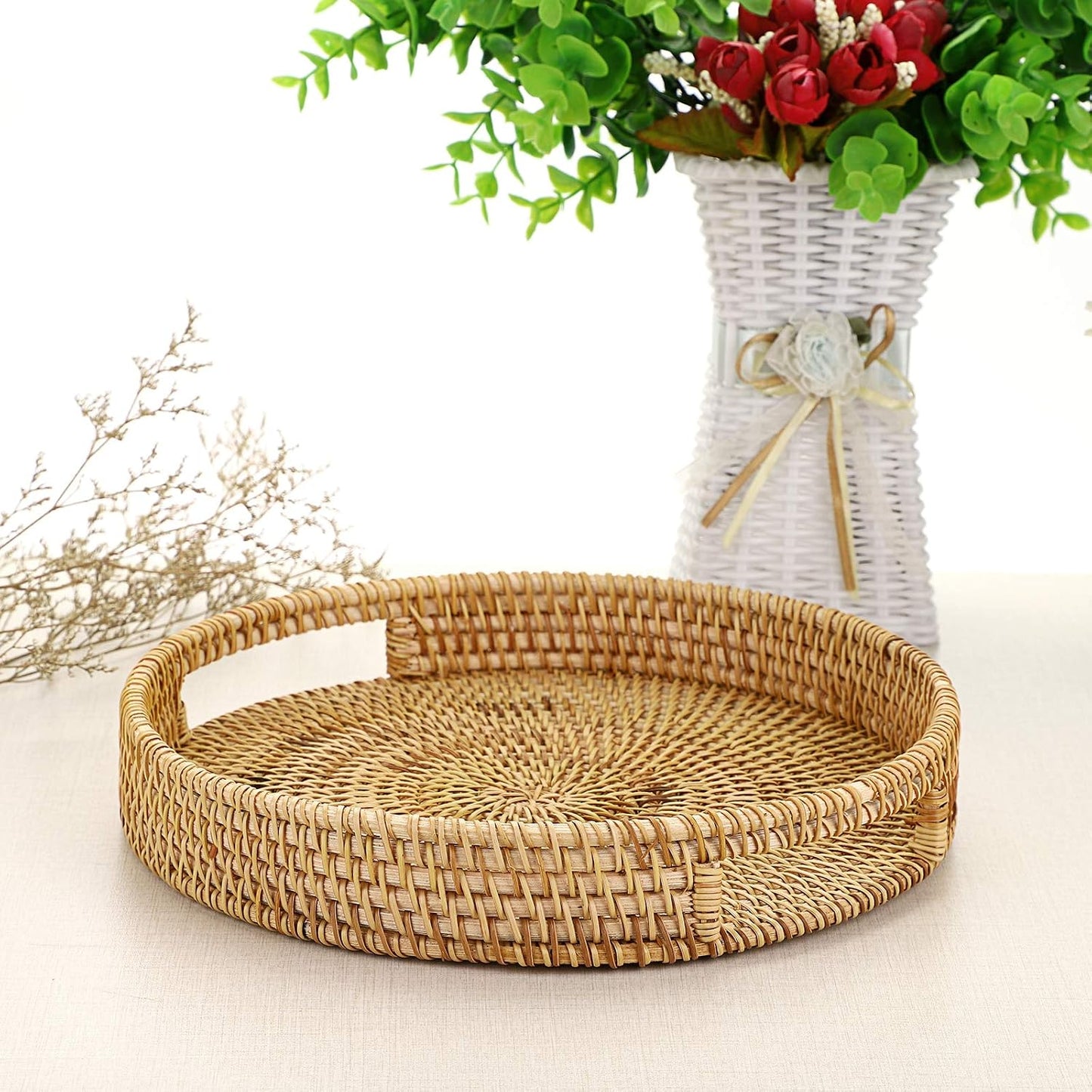 10" Round Rattan Serving Tray / Natural / Set of 10