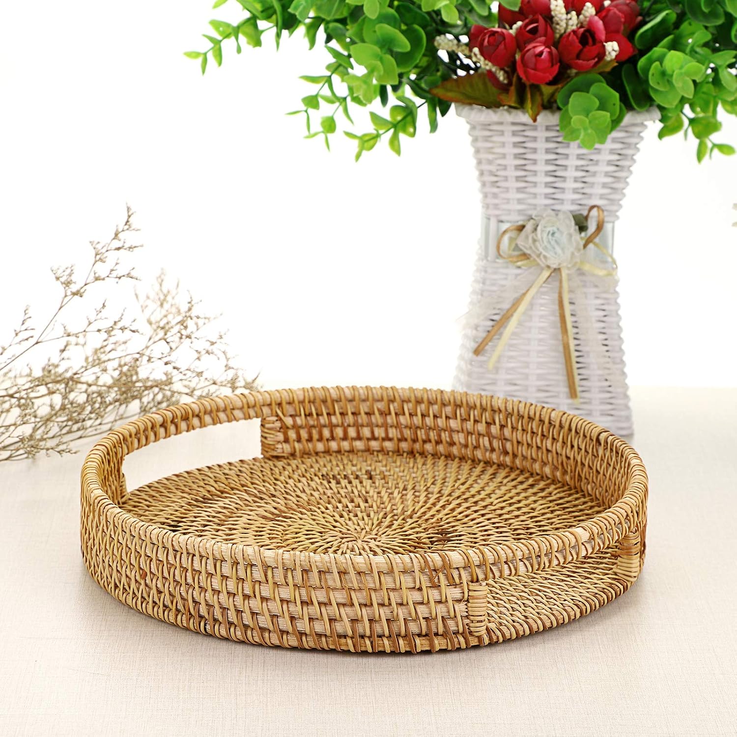 10" Round Rattan Serving Tray / Natural / Set of 10