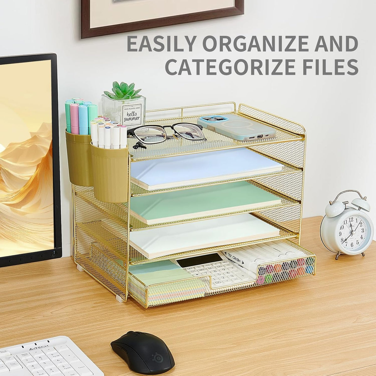 LEKETREE Desk Organizers and Accessories, 5-Tier Paper Letter Tray Organizer with Drawer & 2 Pen Holders, Desktop