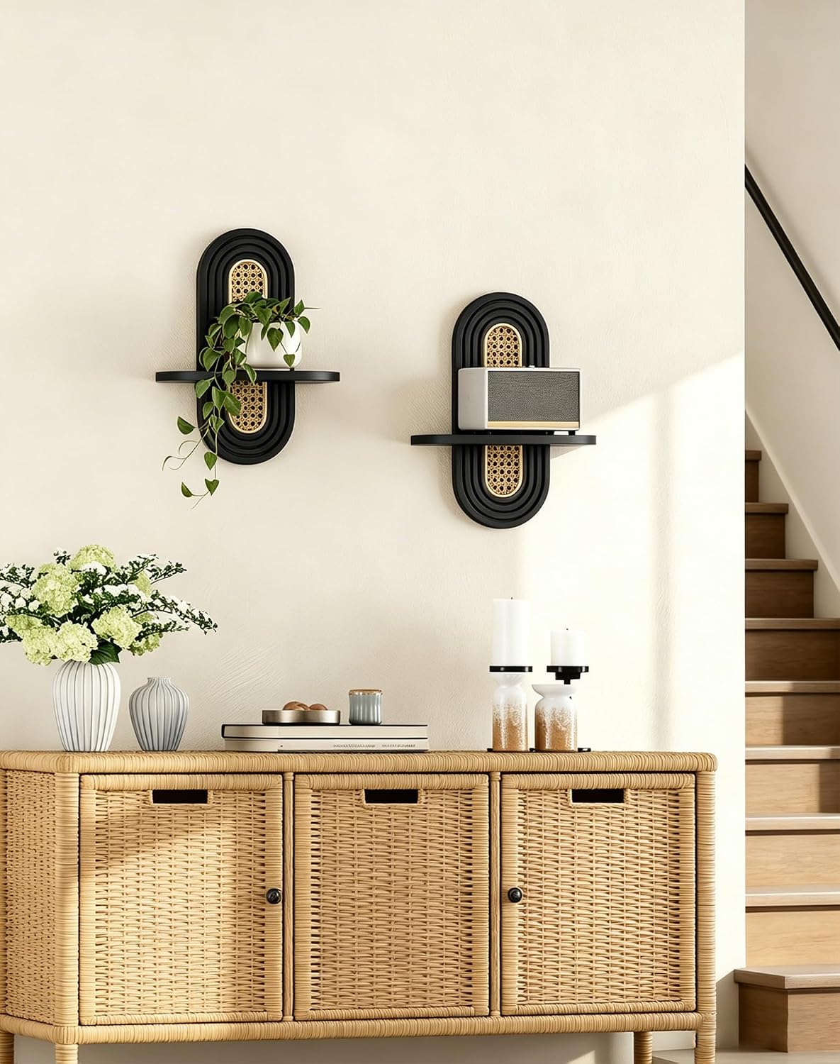 Floating Shelves / Rattan Plant Shelf / Black / Set of 2