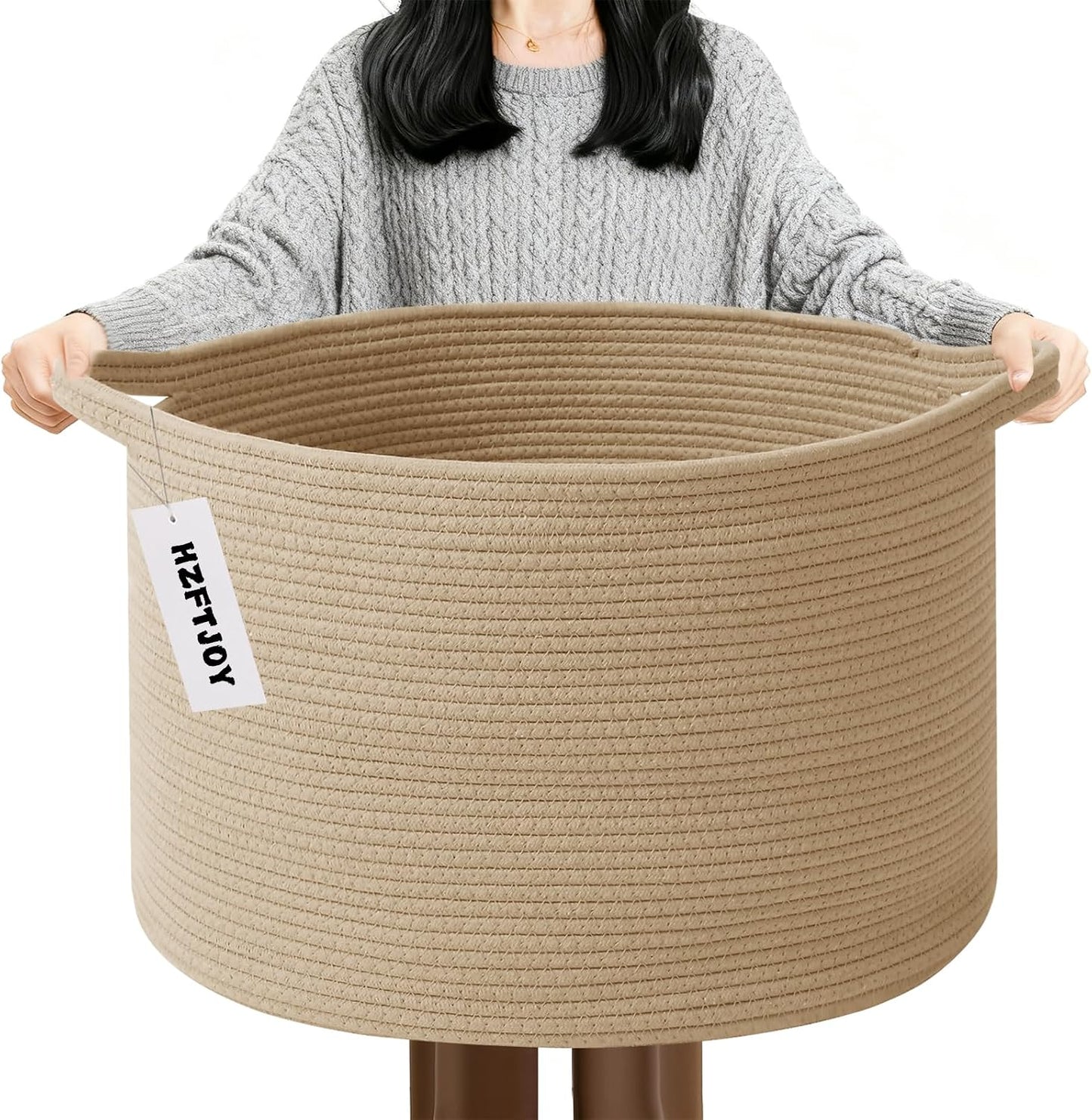 90L Extra Large Blanket Basket,Woven Rope Laundry Basket-Camel