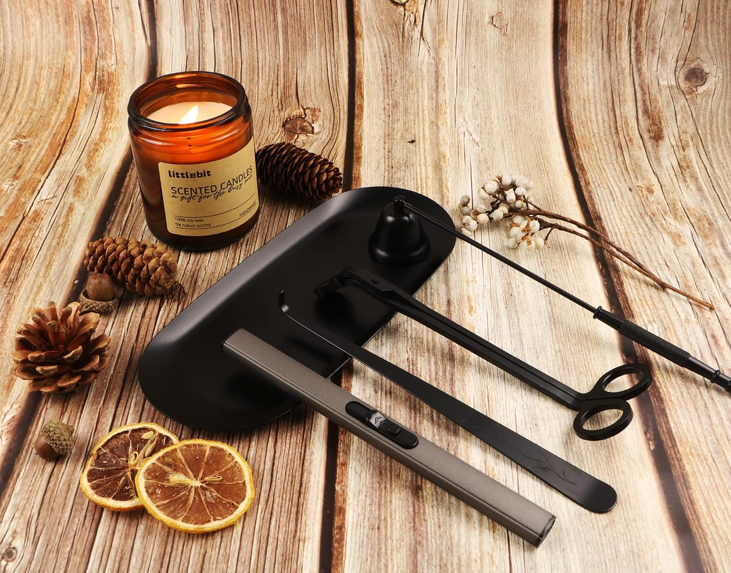 5IN1 Candle Accessory Set, Candle Wick Trimmer Cutter, Candle Snuffer & Candle Wick Dipper,Electric Lighter,Storage