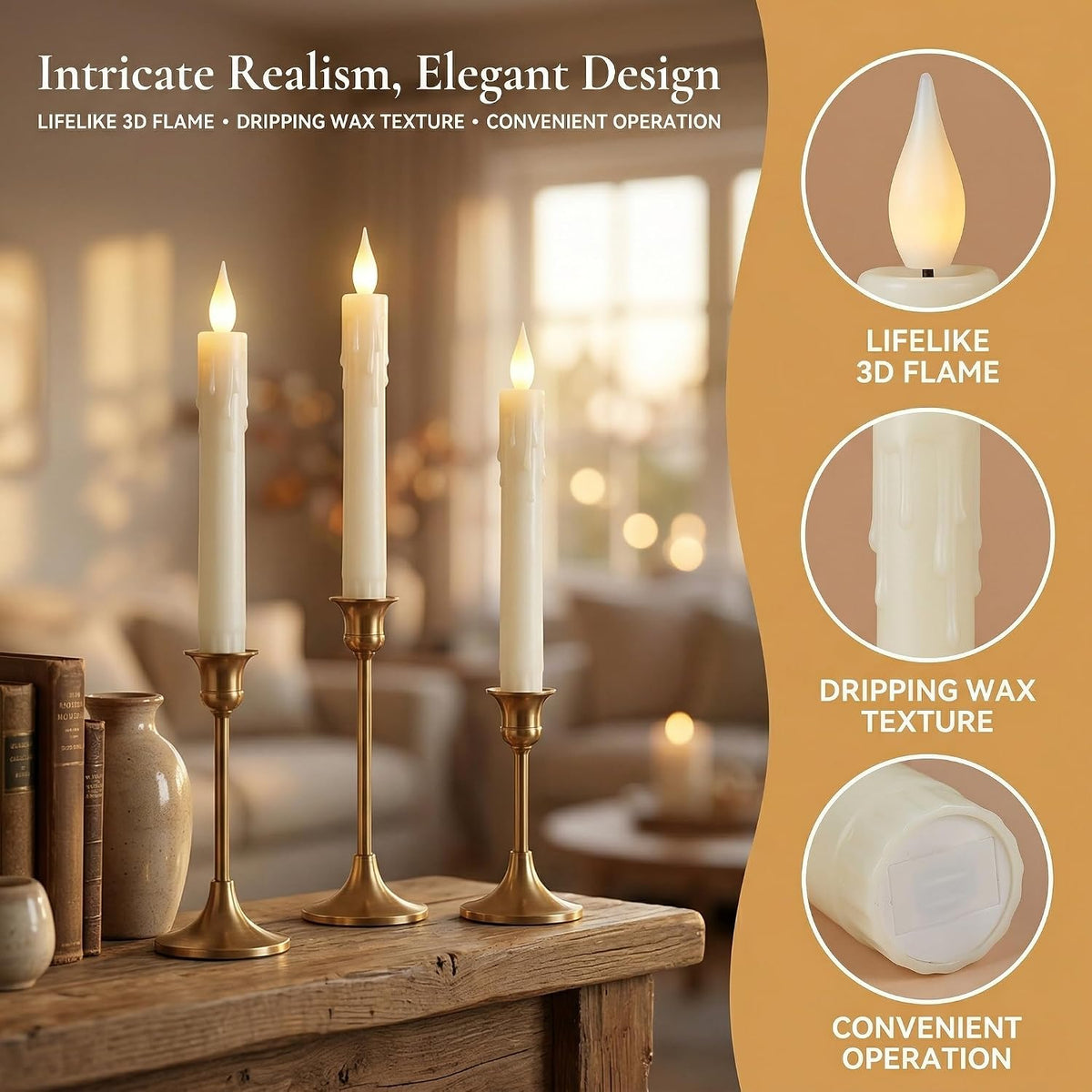 6.7 Inch Flameless Taper Candles with 2 Remotes LED Candlesticks Battery Operated Realistic Flickering Flame, for