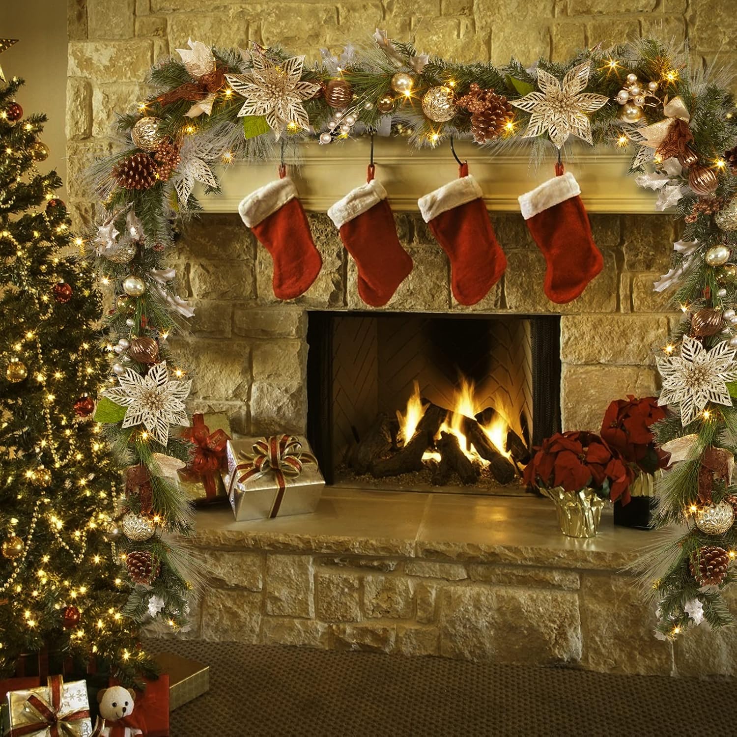 6ft Prelit Christmas Garland with 20 Lights, Xmas Fake Vines with Bows Christmas Balls Flowers Berries Greenery