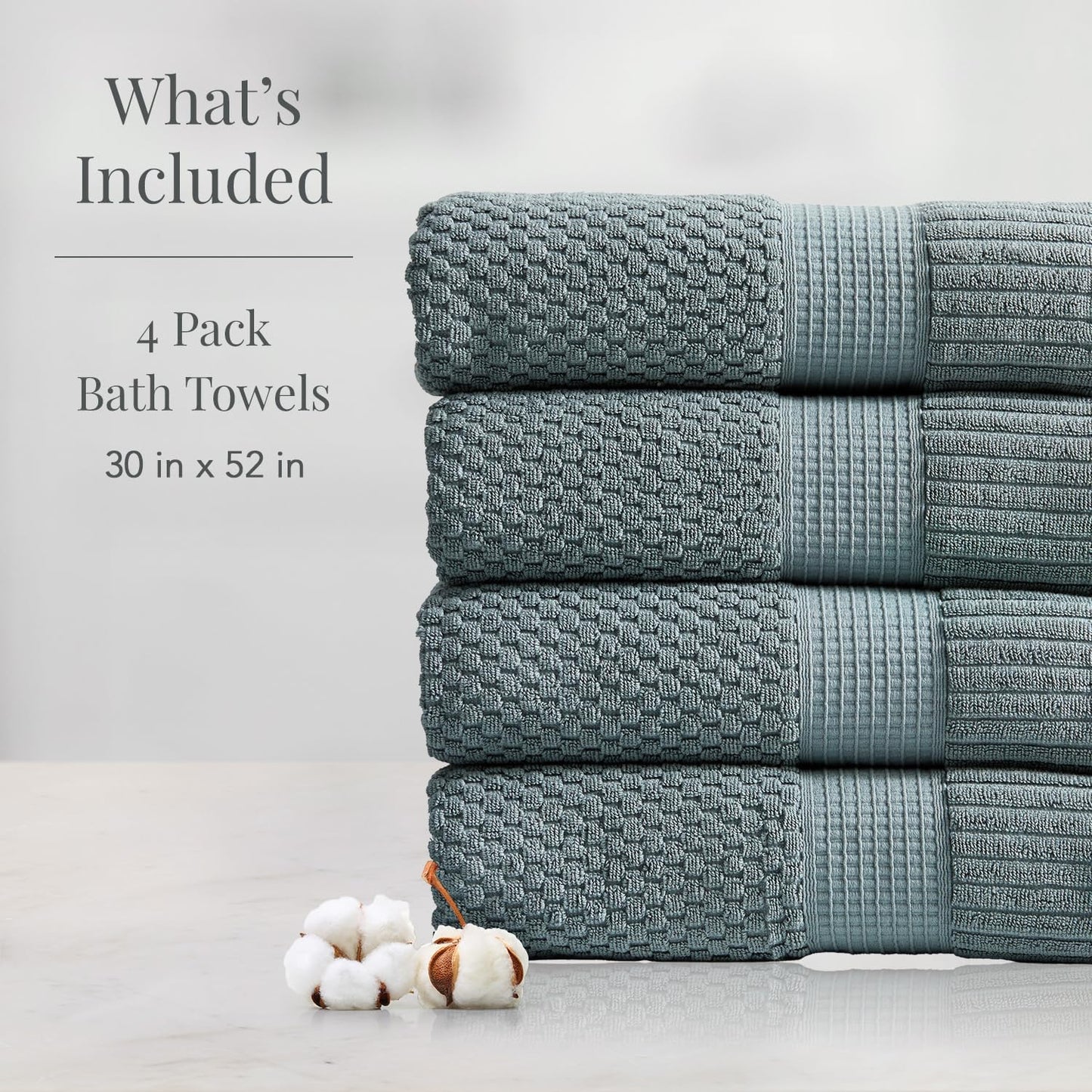 NY Loft 100% Cotton 4-Pack Bath Towel Set | Stormy | Oeko-TEX | Quick-Dry | Four 30" x 52" Bath Towels | Super