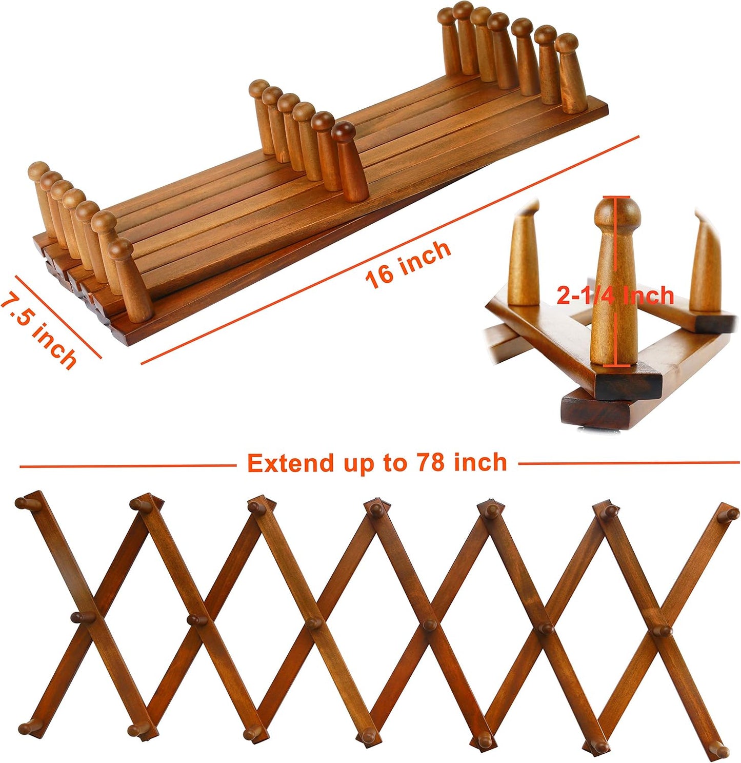 Accordian Wall Hanger: 16” High Wooden Wall Expandable Coat Rack, Hat Rack Holder, Accordion Hook for Baseball Caps