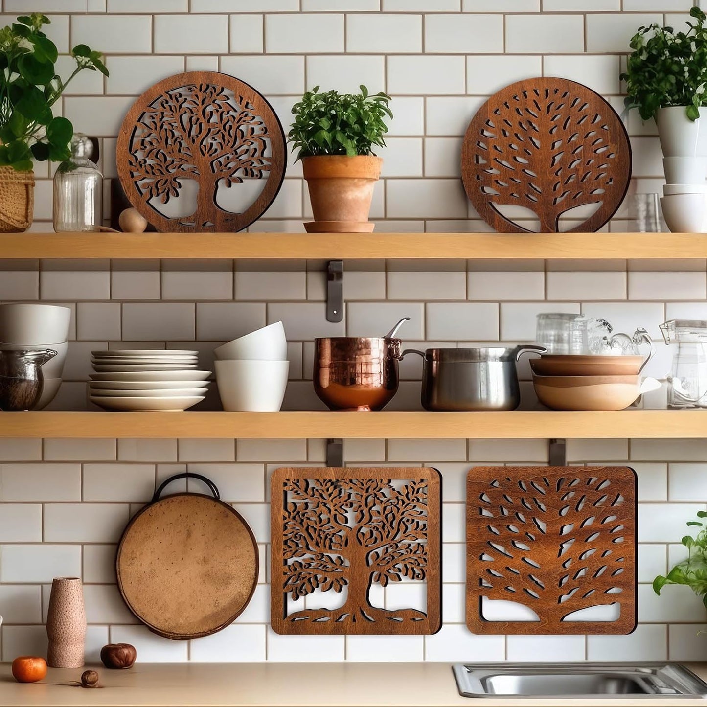 Beeveer 5 Pcs Life Tree Wooden Trivets with Storage Rack Hot Pads Trivets for Hot Dishes Pots and Pans Heat Resistant