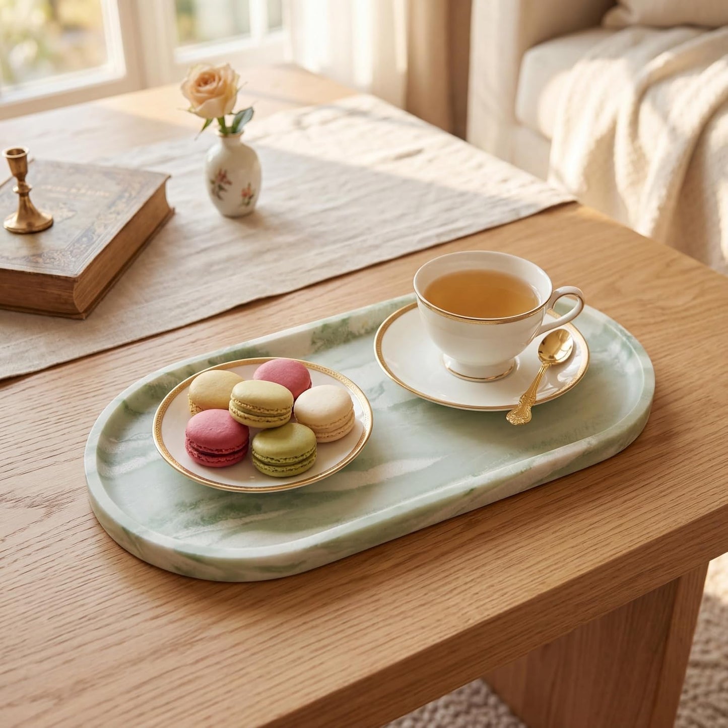 Oval Real Marble Tray / Botanical Green / 11.8 x 5.9