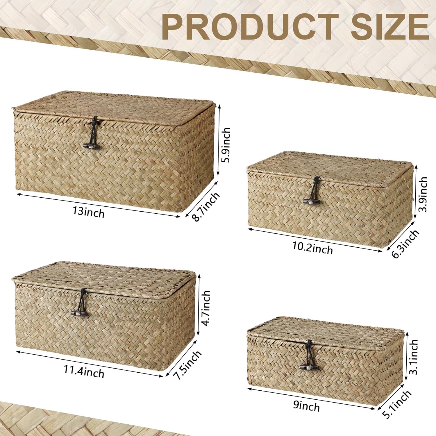 Wicker Baskets / Woven Rectangular Basket Bins / Natural Color / Set of 4