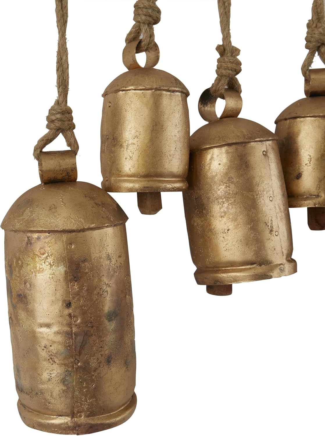 Deco 79 Metal Decorative Cow Bells Tibetan Inspired with 12 Bells on Jute Hanging Ropes and Rod, 48" x 6" x 20", Gold