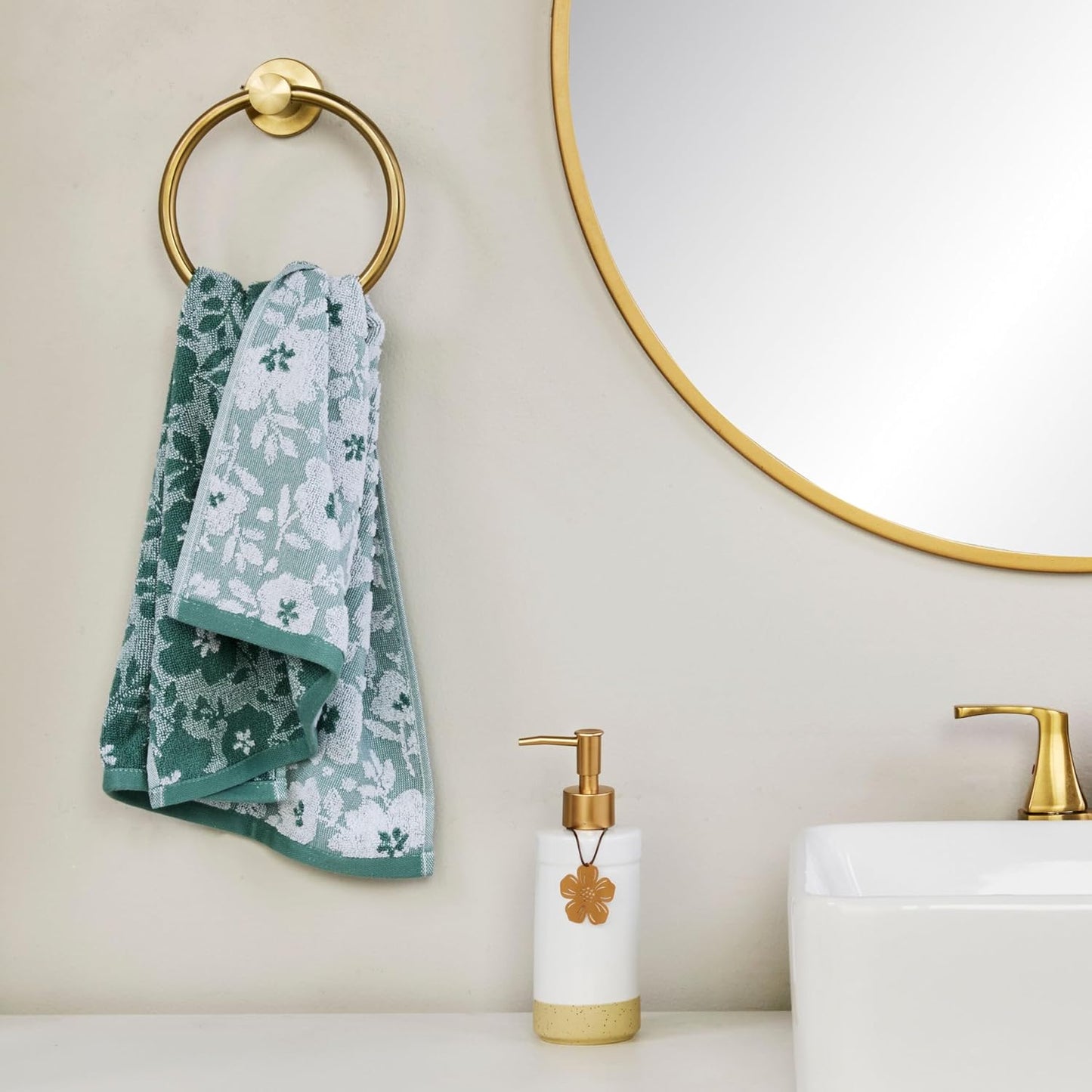 SKL Home Floral Hand Towel Set-2pc, 100% Cotton Jacquard, Moss Green | Soft, absorbent & reversible. Great for use in