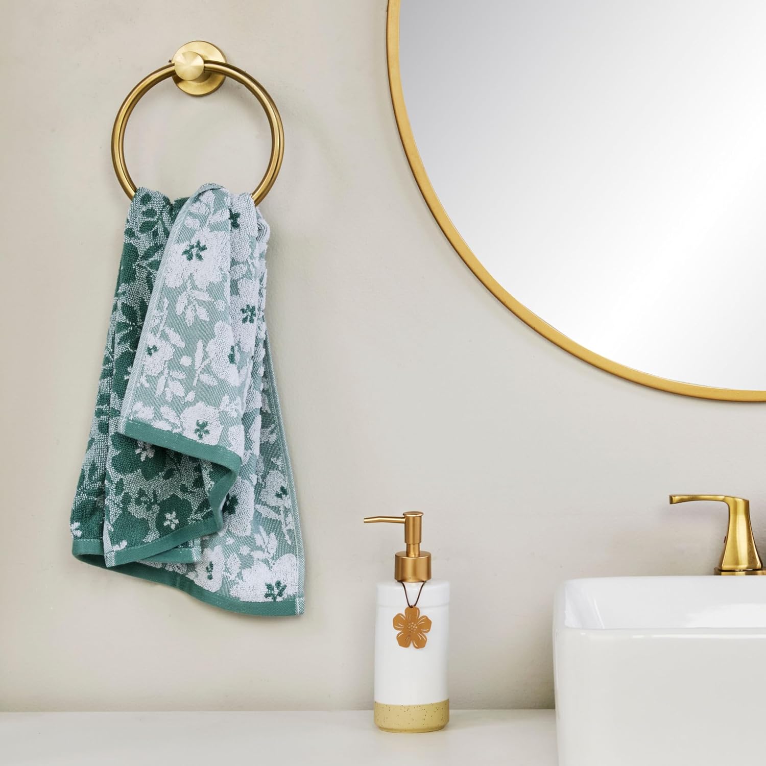 SKL Home Floral Hand Towel Set-2pc, 100% Cotton Jacquard, Moss Green | Soft, absorbent & reversible. Great for use in
