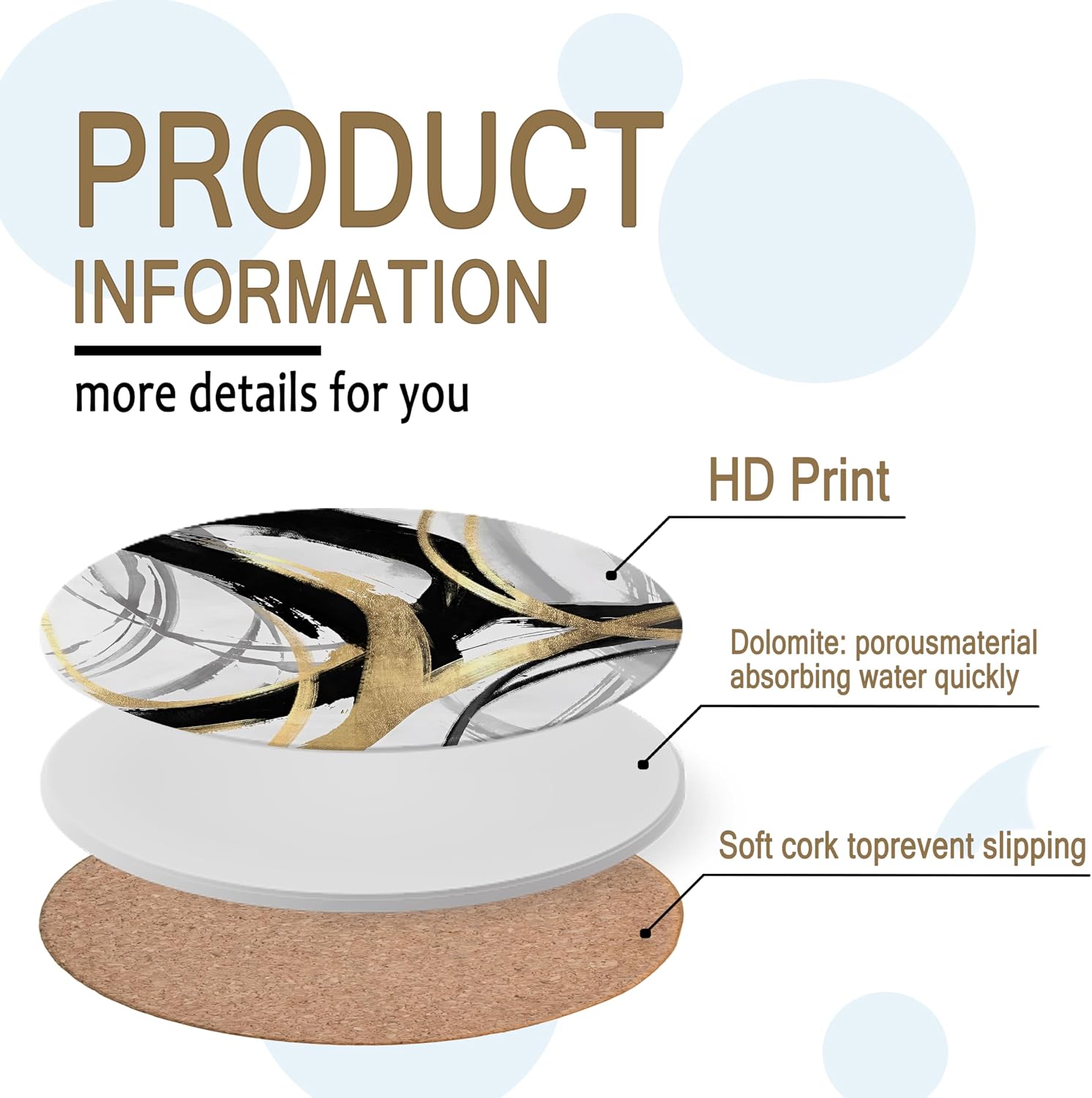 Modern Abstract Geometrical Ceramic Car Drink Coaster Cup Mat / Black and Gold / Set of 4