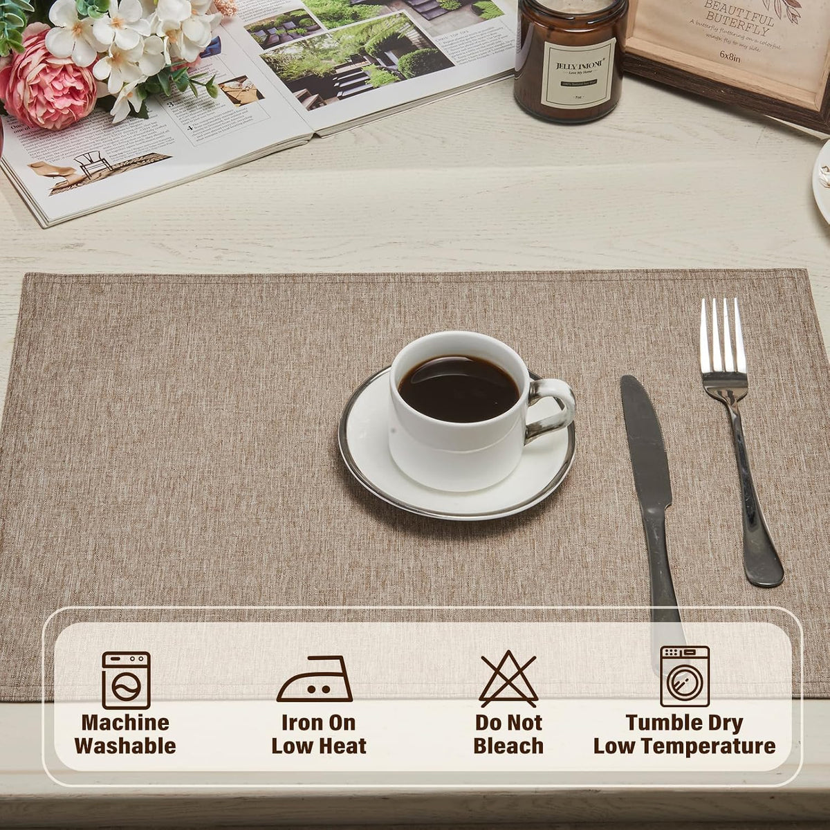 Cloth Place Mats Set of 8–Reusable Rectangular Waterproof Fabric Polyester Washable Wipeable Heat Resistant Linen for