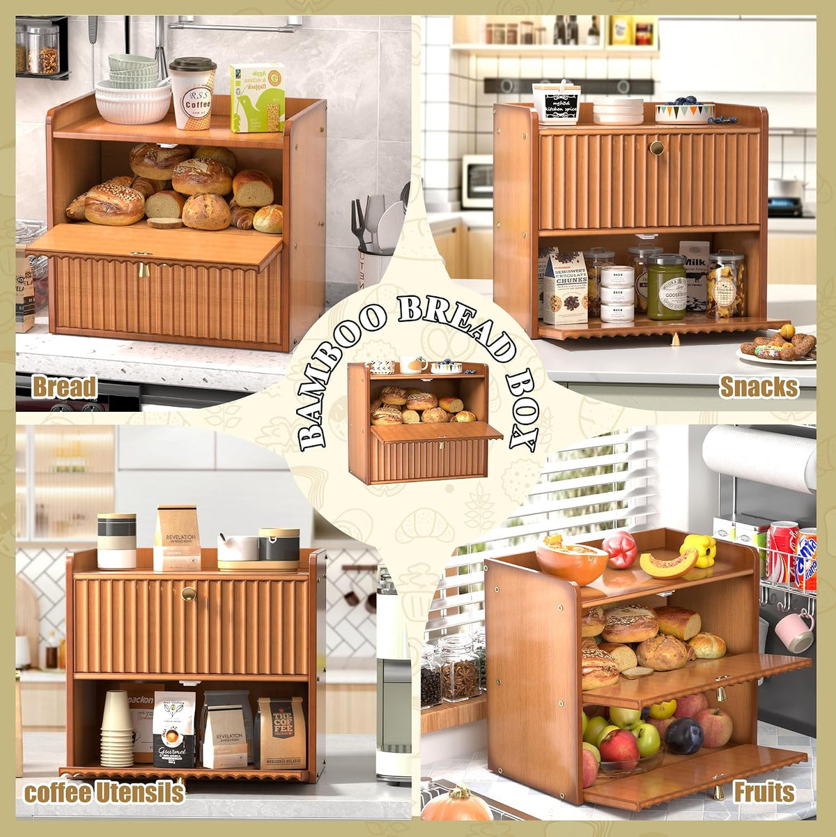 Bread Box for Kitchen Countertop, Large Bread Storage Container for Homemade Bread, Double Layer Farmhouse Breadbox
