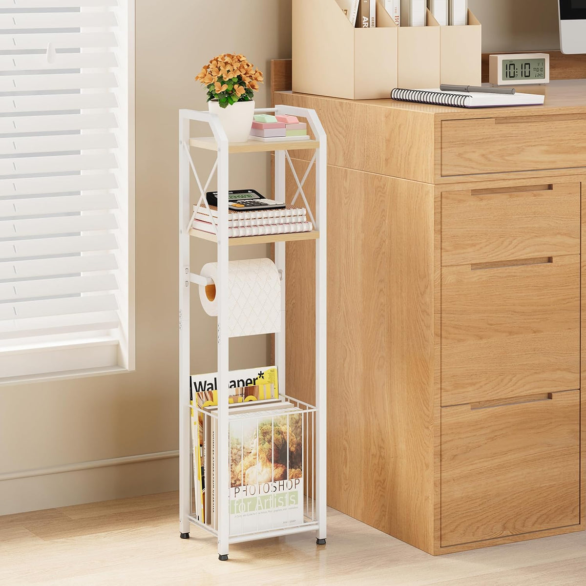 HapiRm Freestanding Toilet Paper Holder - 4-Tier Bathroom Tissue Organizer with Wood Shelves and Large Basket, Toilet