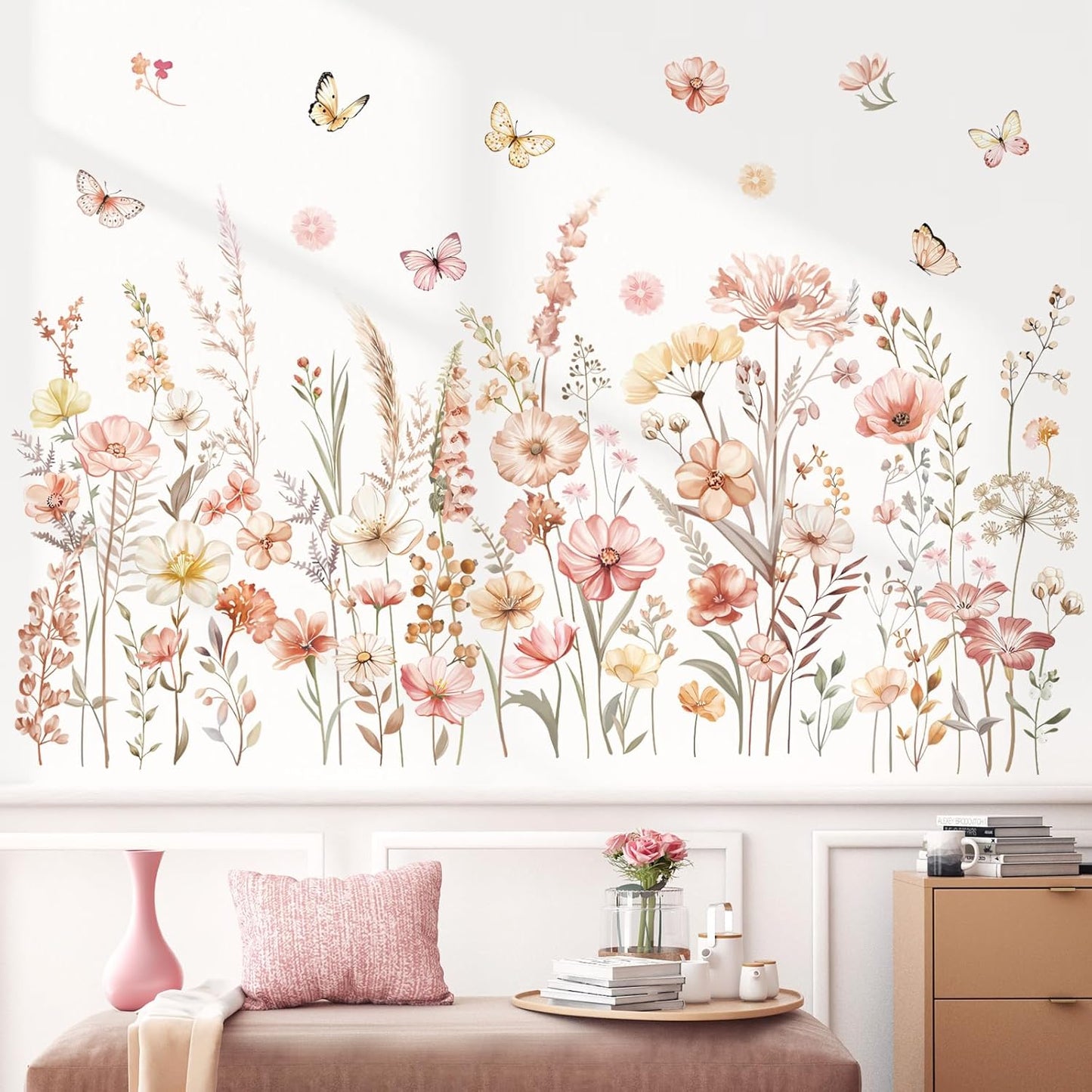 Watercolor Boho Flowers Wall Decals Wildflower Floral Grass Plants Butterfly Wall Stickers Bedroom