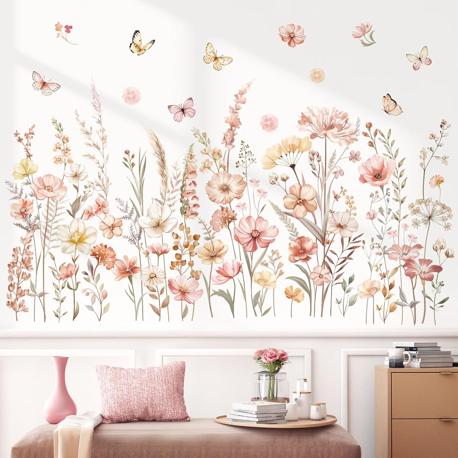 Watercolor Boho Flowers Wall Decals Wildflower Floral Grass Plants Butterfly Wall Stickers Bedroom