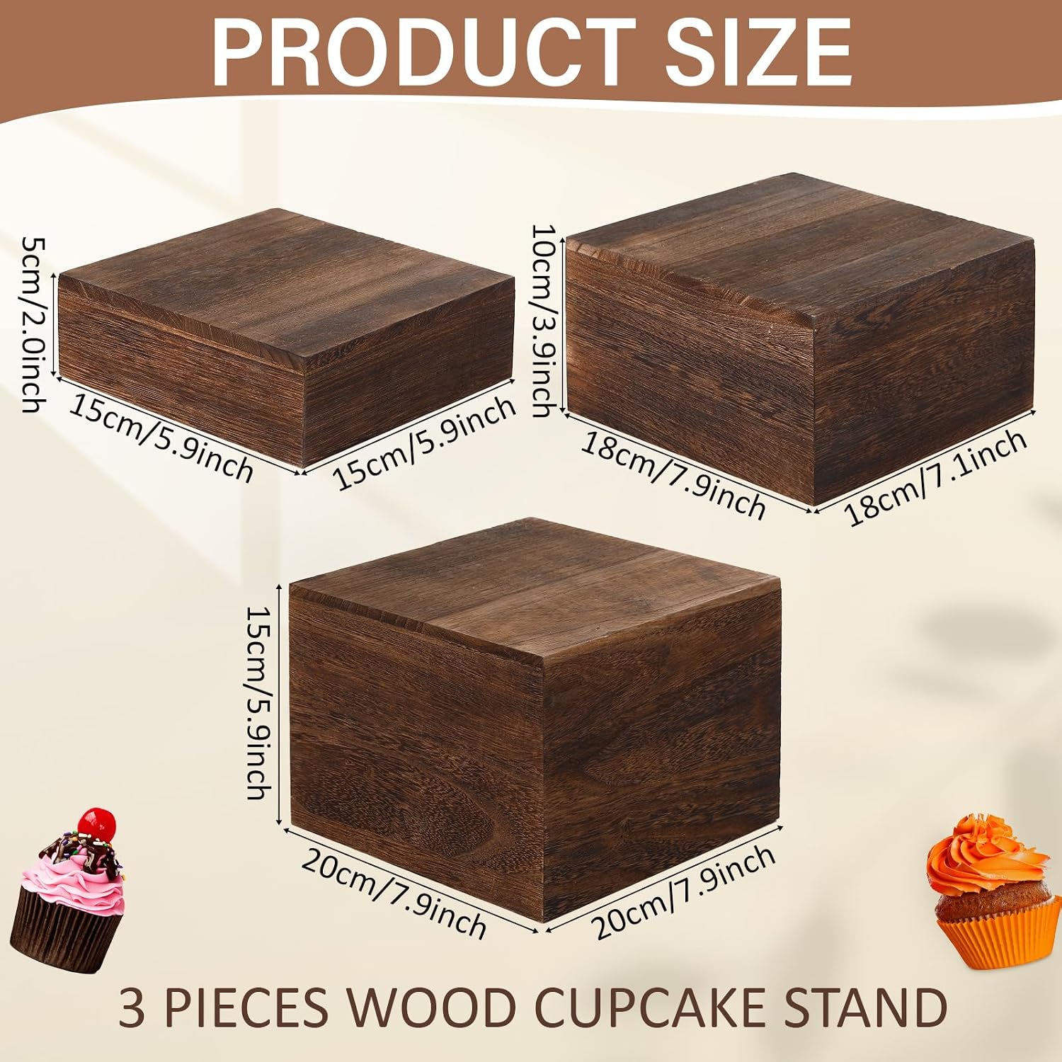 Wooden Risers Stands Cake Rustic Stackable Square Cupcake Stands Base for Buffet Table / Set of 3
