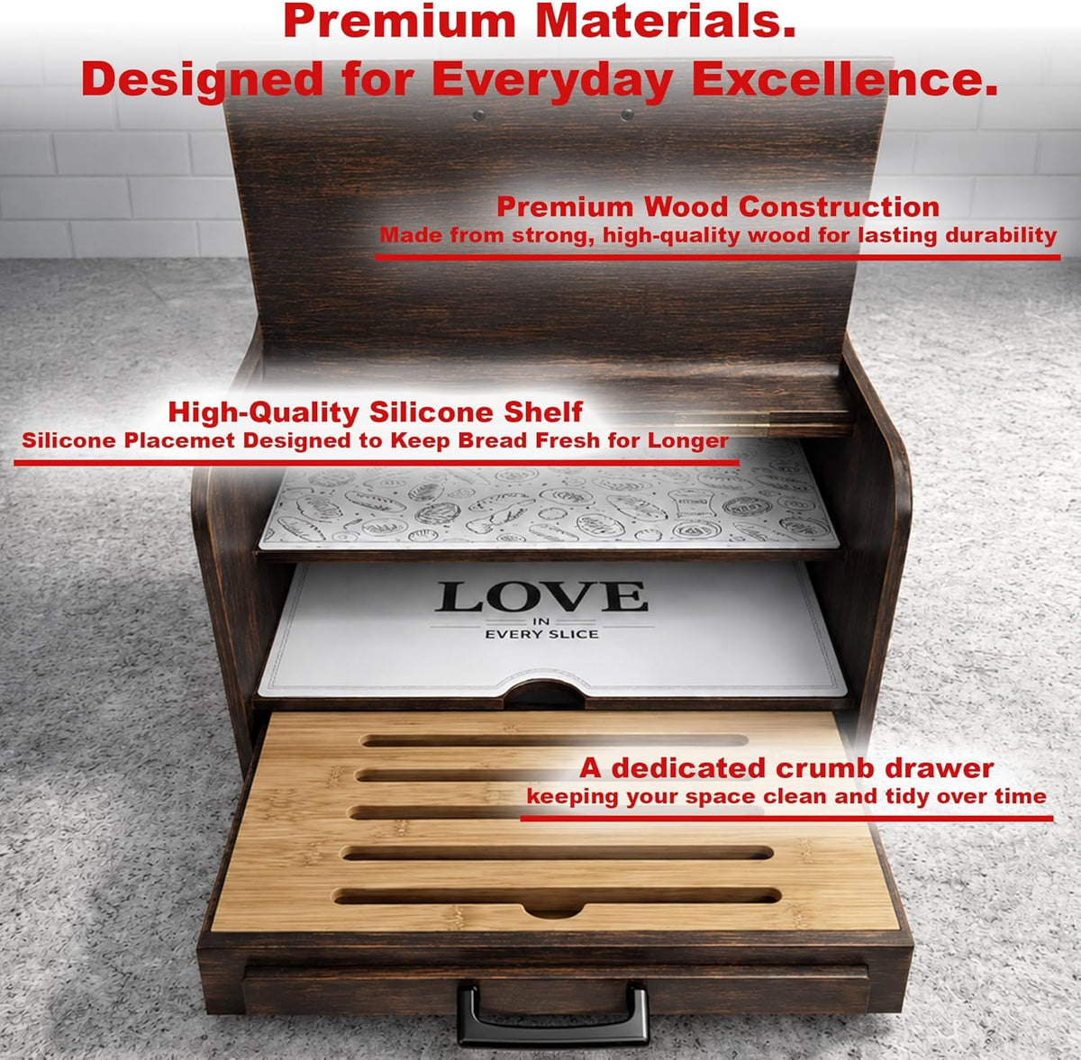 KNIFEPLANET Premium FULLY ASSEMBLED Rustic Bread Box – Extra Large Real Wood Bread Box for Kitchen Countertop Storage