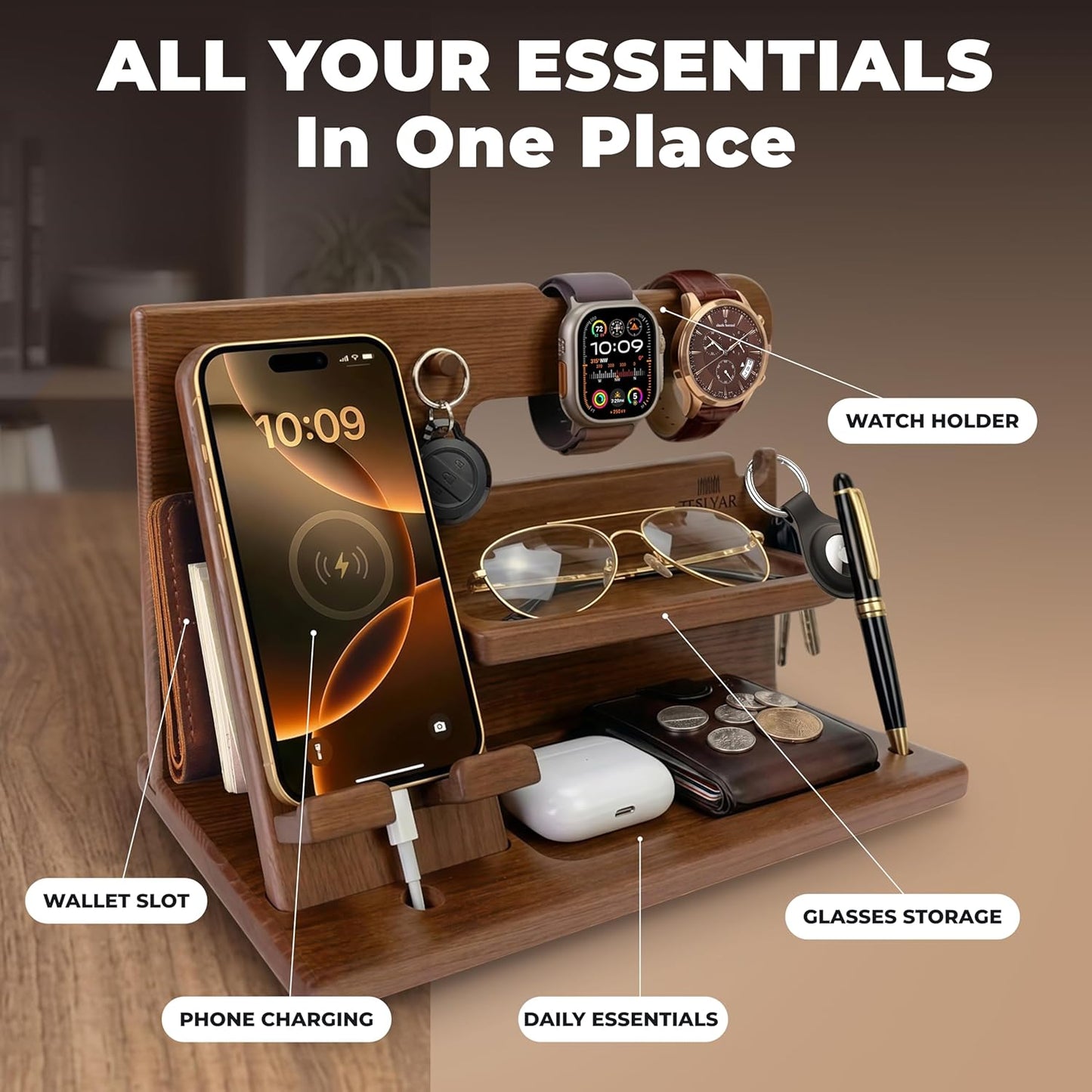 TESLYAR Wood Phone Docking Station for Men - Desk or Nightstand Organizer - Birthday Gifts for Husband or Dad