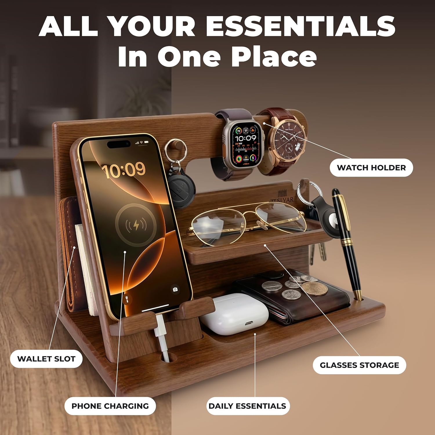 TESLYAR Wood Phone Docking Station for Men - Desk or Nightstand Organizer - Birthday Gifts for Husband or Dad