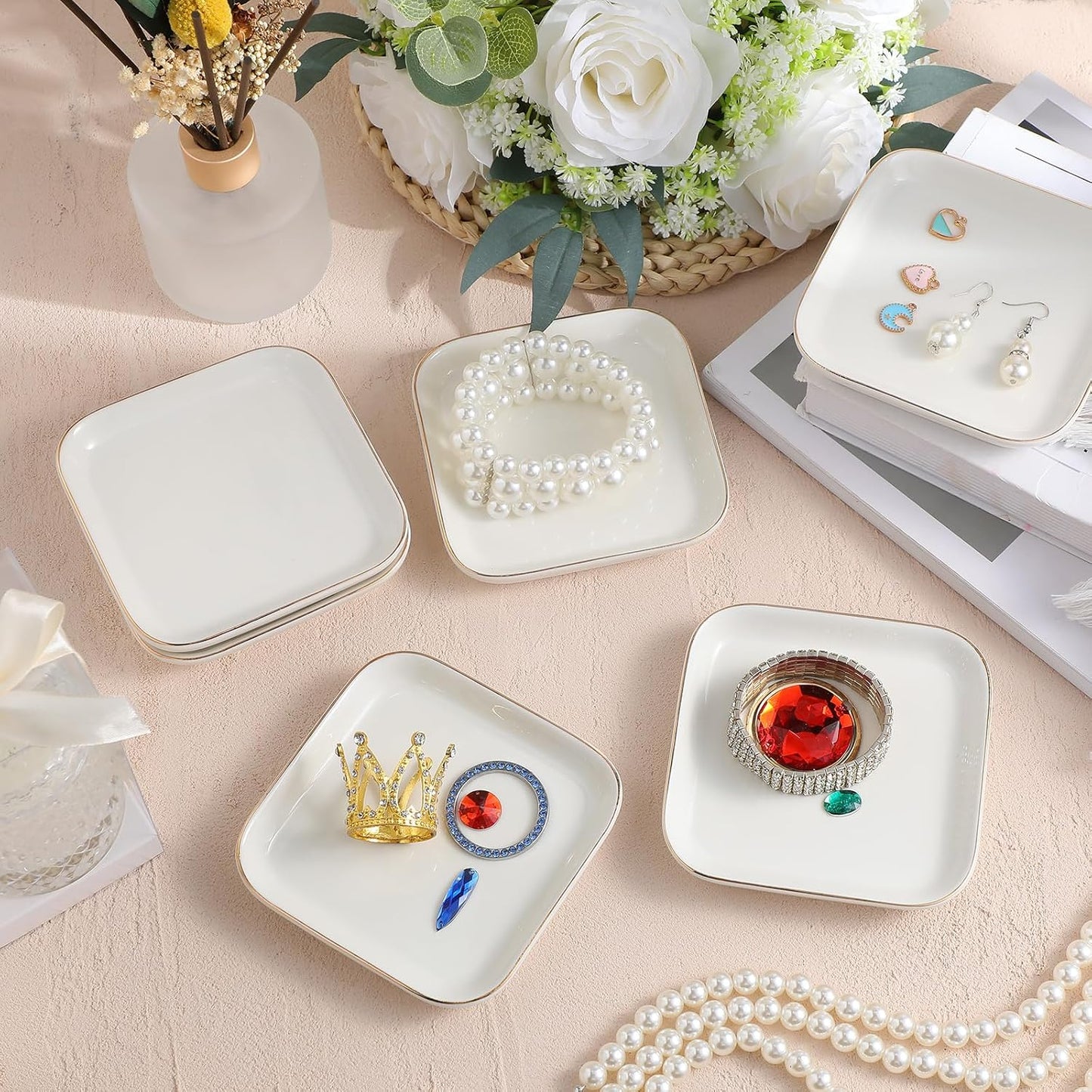 Ceramic Jewelry Tray in Ring Holder Trinket Dish / Square / White / 4.5 Inch / Set of 6