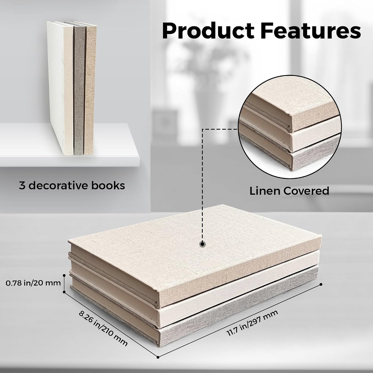 Decorative Linen Book Set / White, Grey, Cream / Set of 3