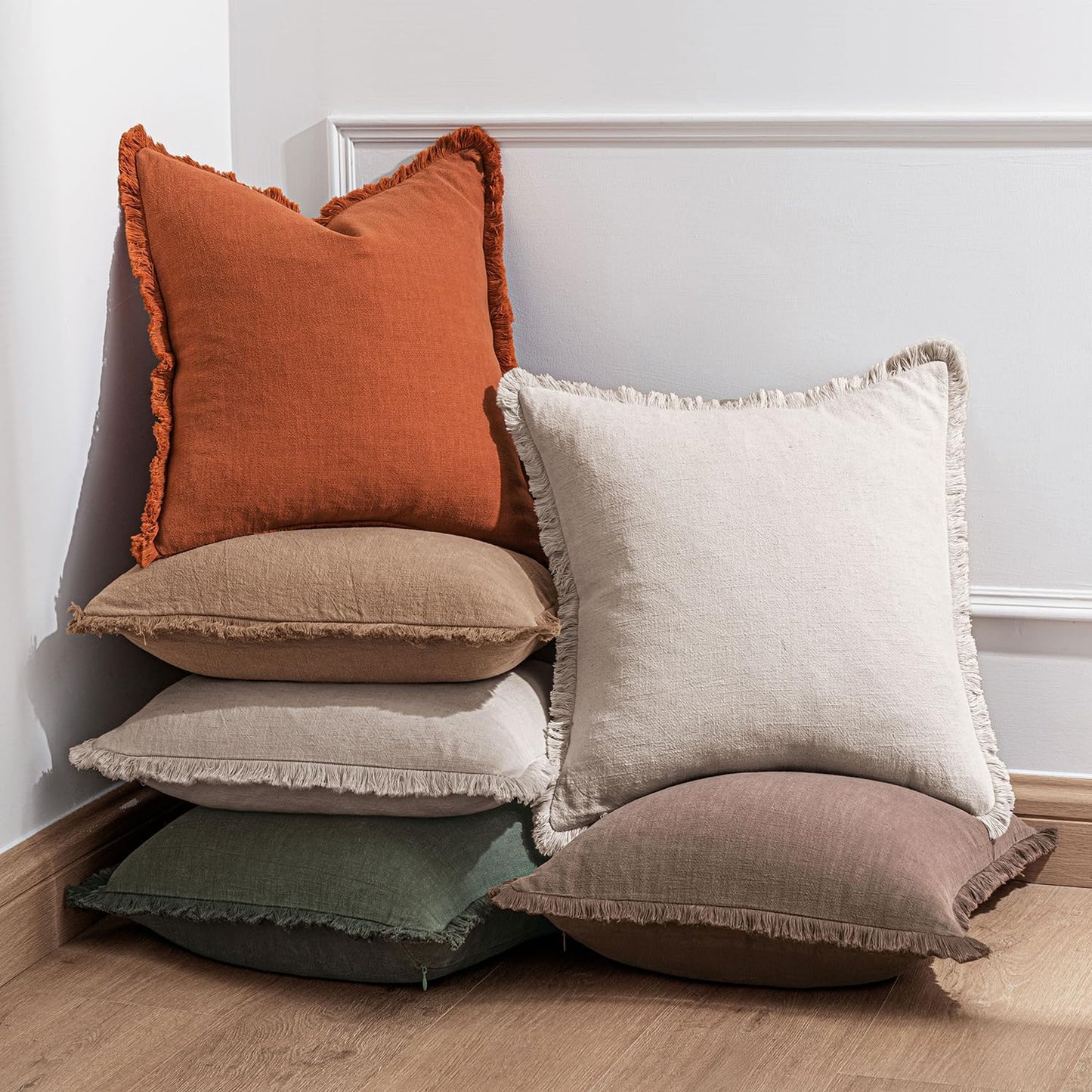Decorative Linen Fringe Throw Pillow Covers Boho Farmhouse Soft Cushion / 20 x 20 / Brown / Set of 2
