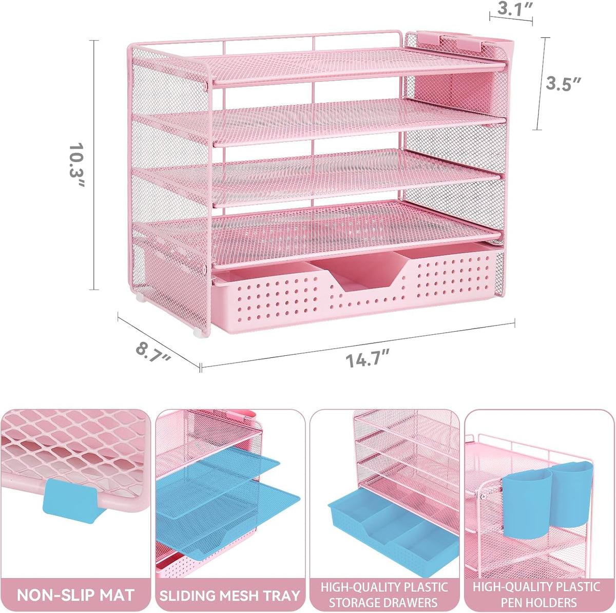 LEKETREE Desk Organizers and Accessories, 5-Tier Paper Letter Tray Organizer with Drawer & 2 Pen Holders, Desktop