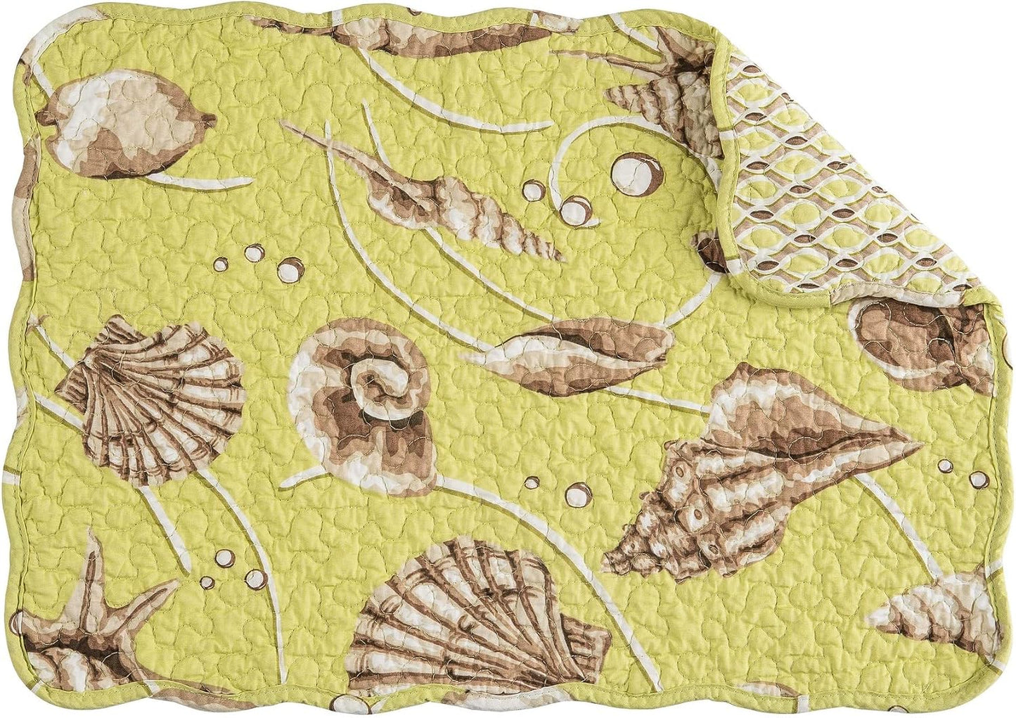 C&F Home Baker Cotton Quilted Reversible Machine Washable Green Seashell Vintage Design Placemat Set of 6 Scalloped