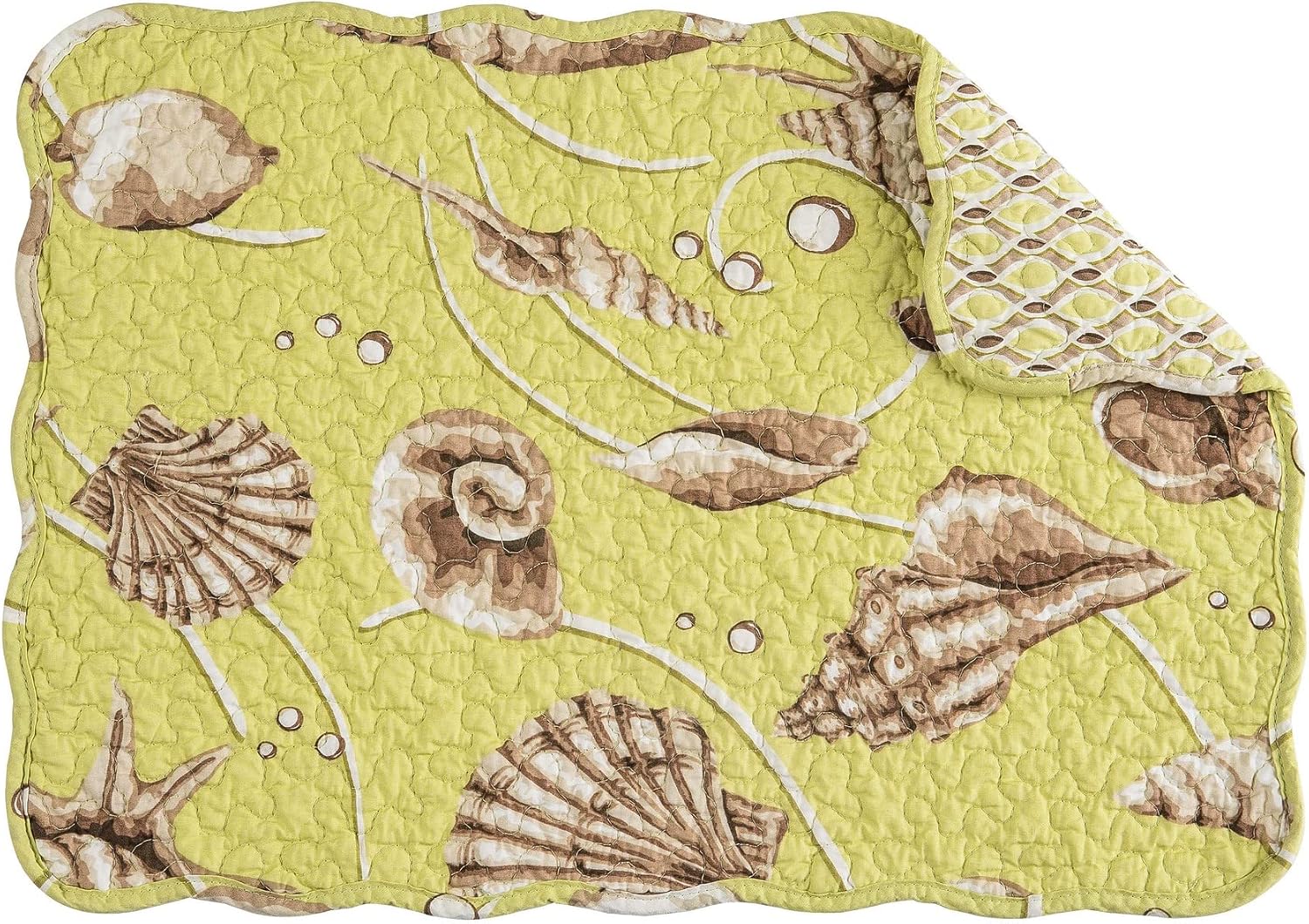 C&F Home Baker Cotton Quilted Reversible Machine Washable Green Seashell Vintage Design Placemat Set of 6 Scalloped