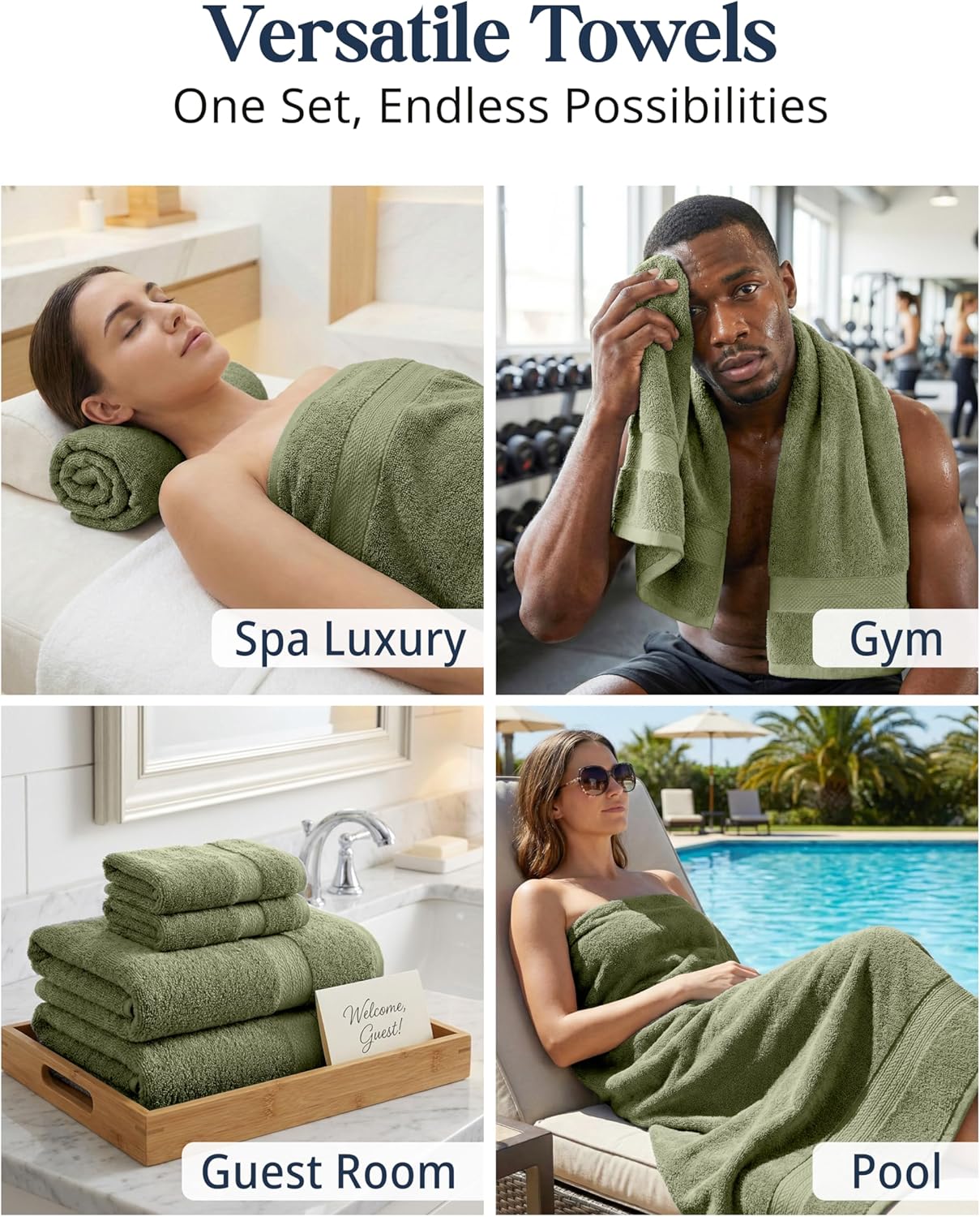 LANE LINEN Large Bath Towel Set Absorbent Quick Dry 100% Cotton - Oil Green | Soft Cotton Towels - Fade-Resistant