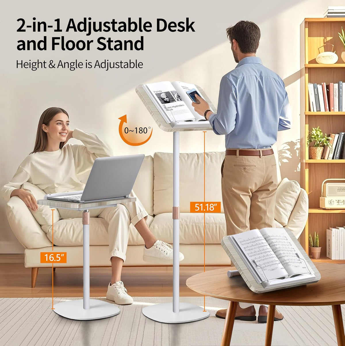 2-in-1 Floor Music Stand & Desktop Book Stand, 16.5"–51" Height Adjustable | Premium Wood Panel, Floor Reading Stand