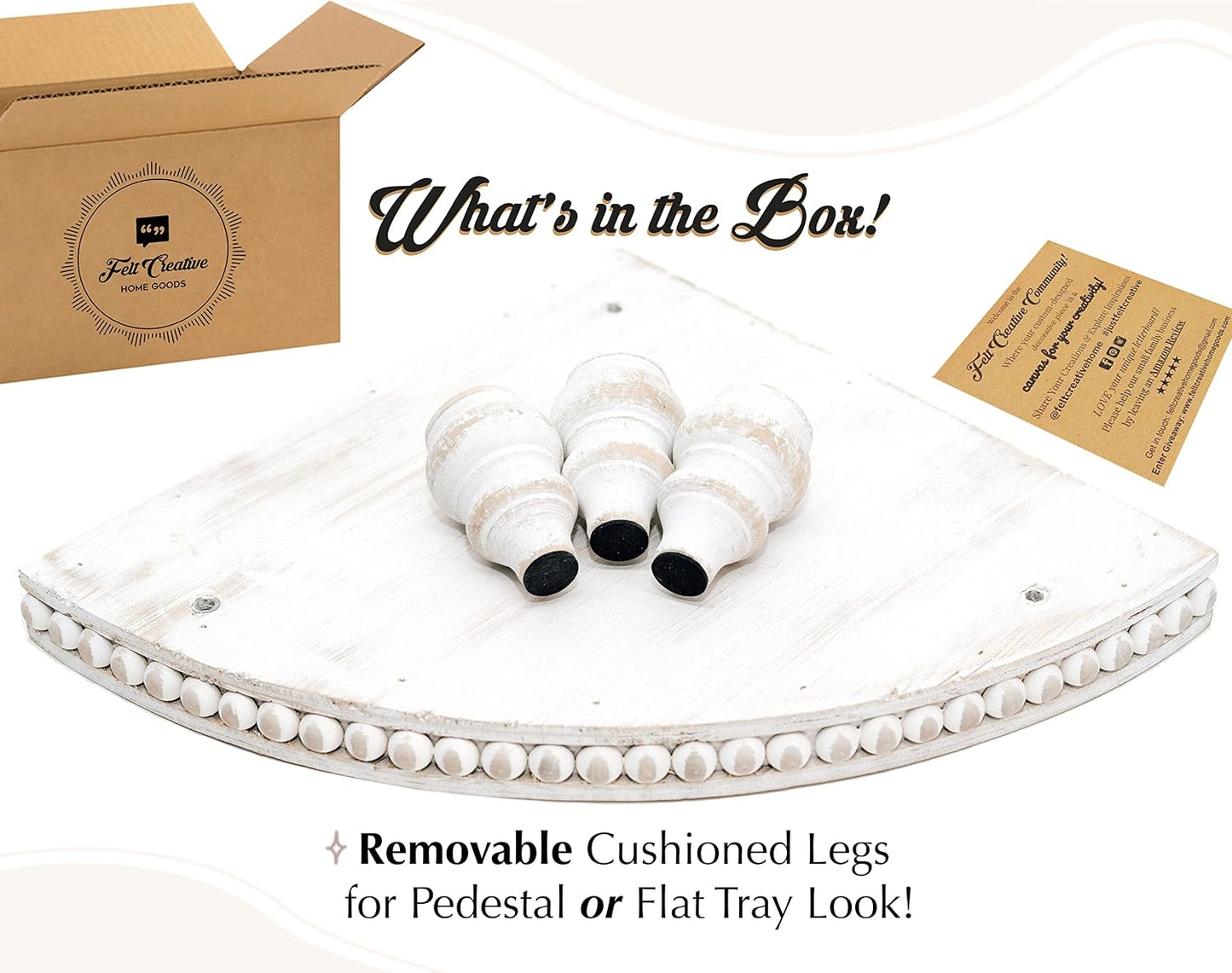 Farmhouse Wood Rounded Beaded Tray / Rustic White