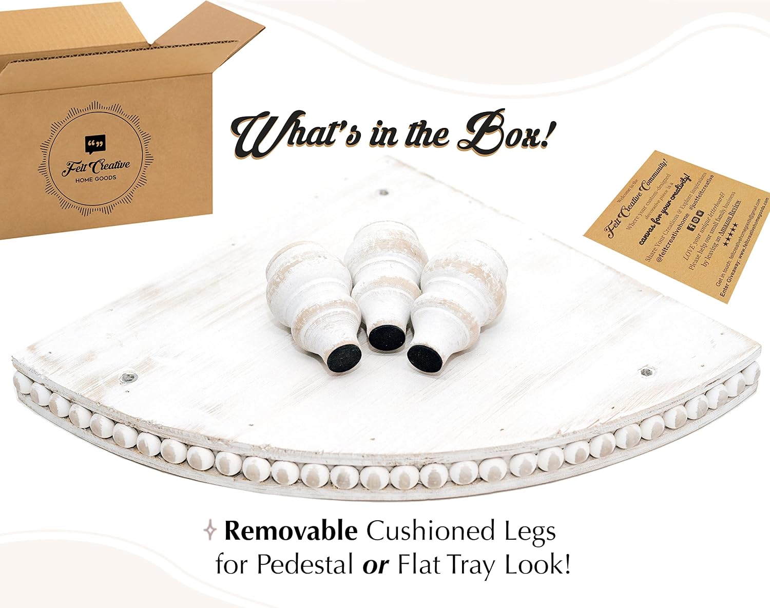 Farmhouse Wood Rounded Beaded Tray / Rustic White