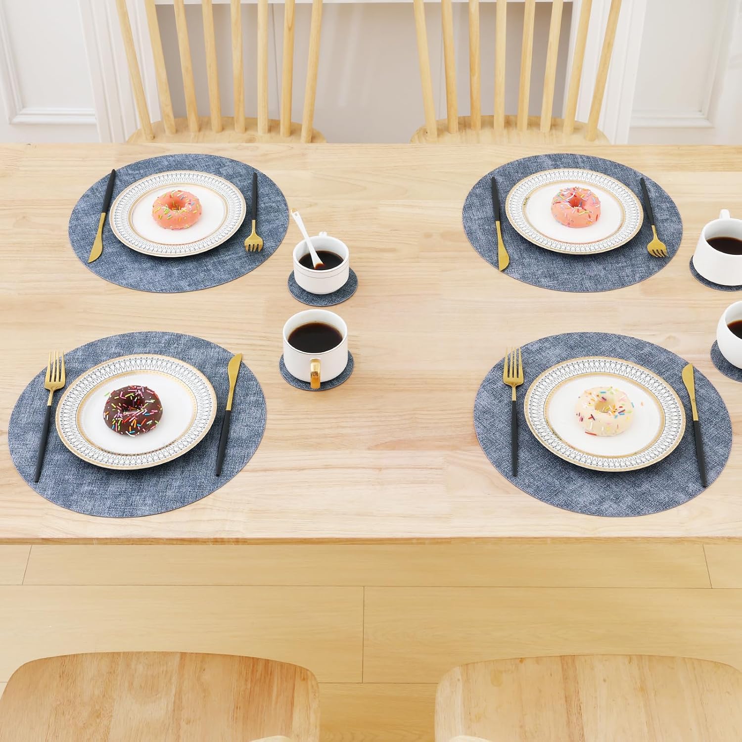 Homaxy Round Faux Leather Placemats and Coasters, Set of 12, Blue | Washable Dual-side Table Mats, Wipeable Place Mats