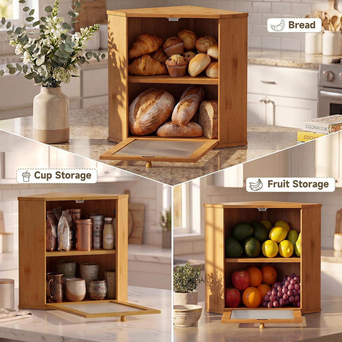 Bread Box for Kitchen Corner Countertop,Large Bread Basket (Brown, X-Large) | Double Layer Bamboo Bread Storage