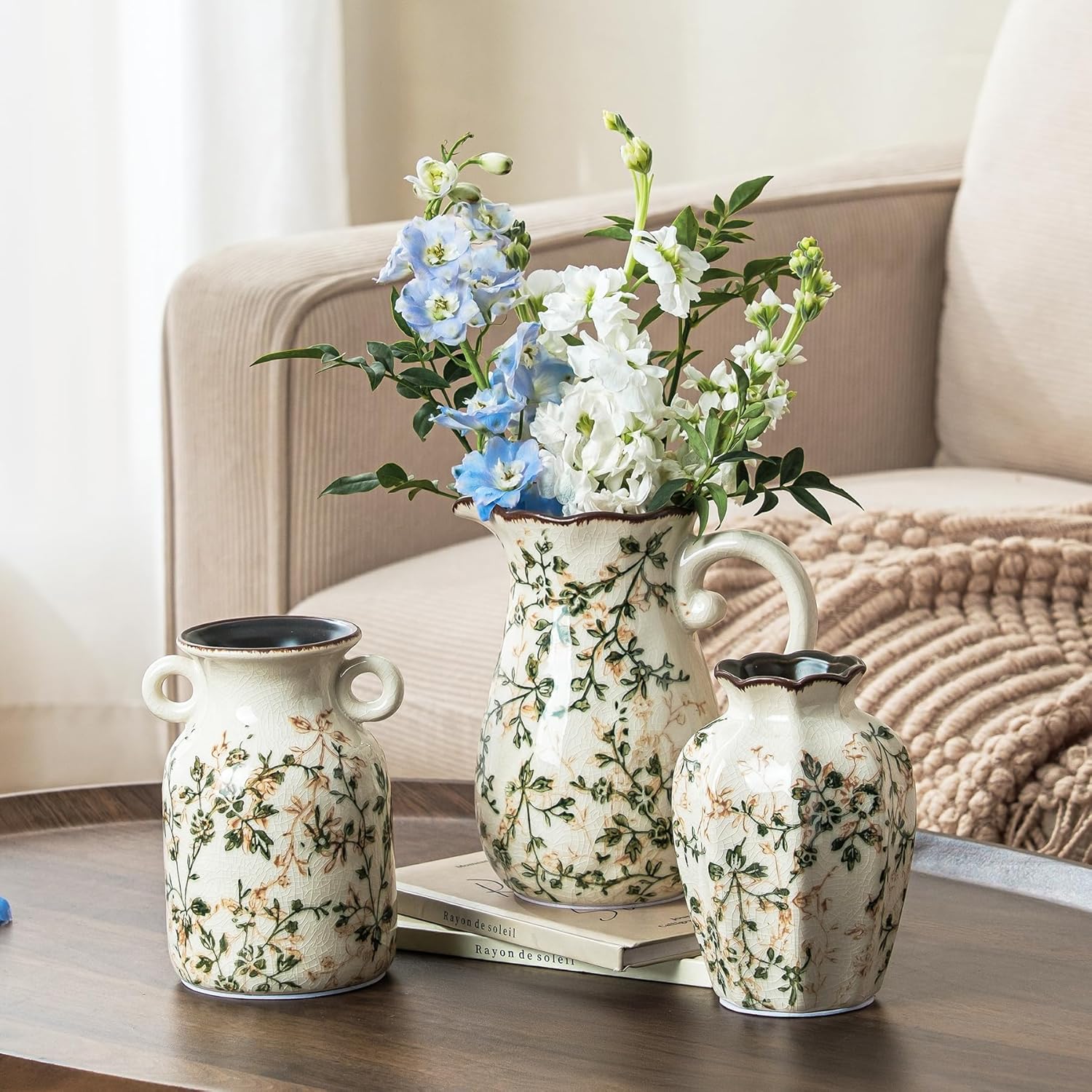 Green Rustic Farmhouse Vase Set / 06-green and Beige-set of Three / Set of 3
