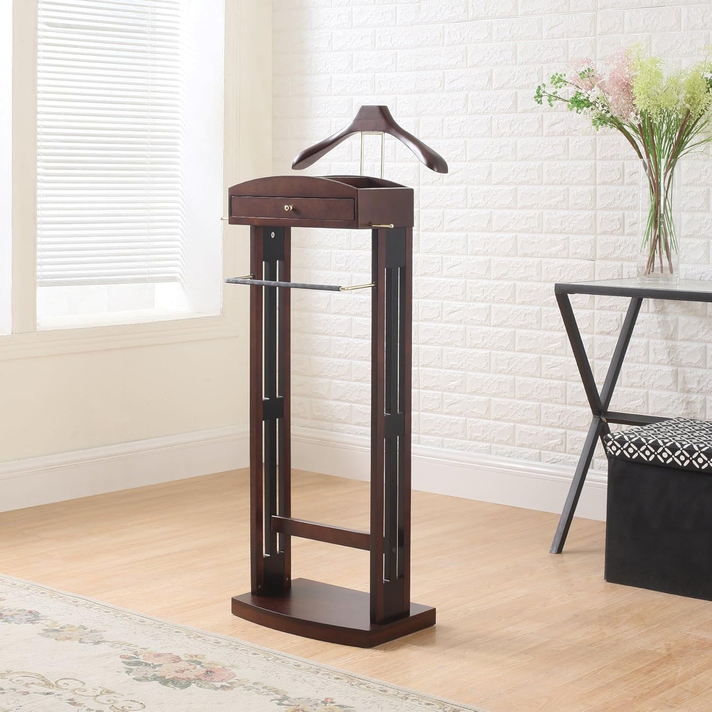 Proman Products Milan Valet Stand with Drawer, Top Tray, Contour Hanger, Trouser Bar, Tie & Belt Hooks and Shoe Rack