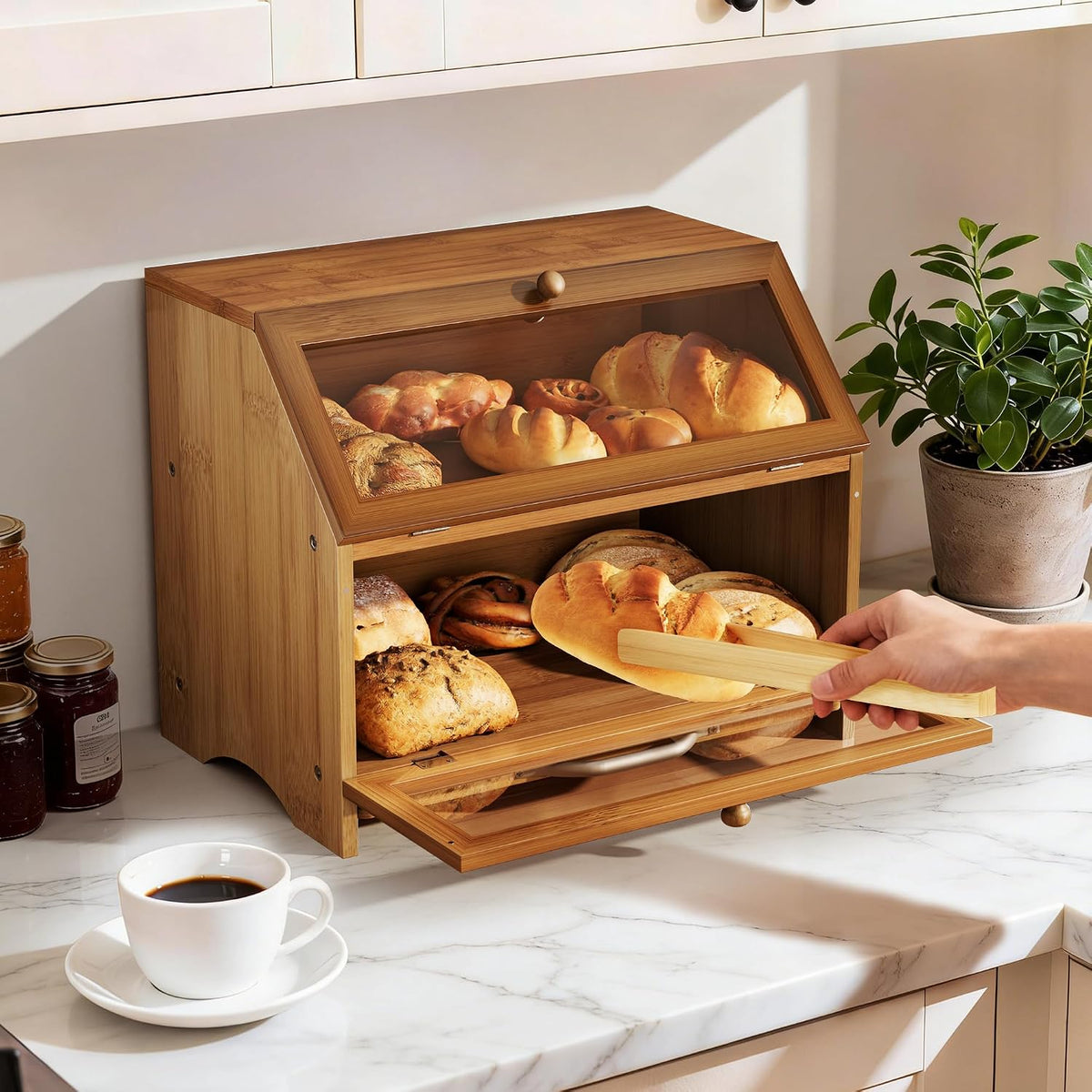 MAISONPEX Double Layer Bamboo Bread Box for Kitchen Countertop, Large Capacity, Cutting Board, Stainless Steel Bread