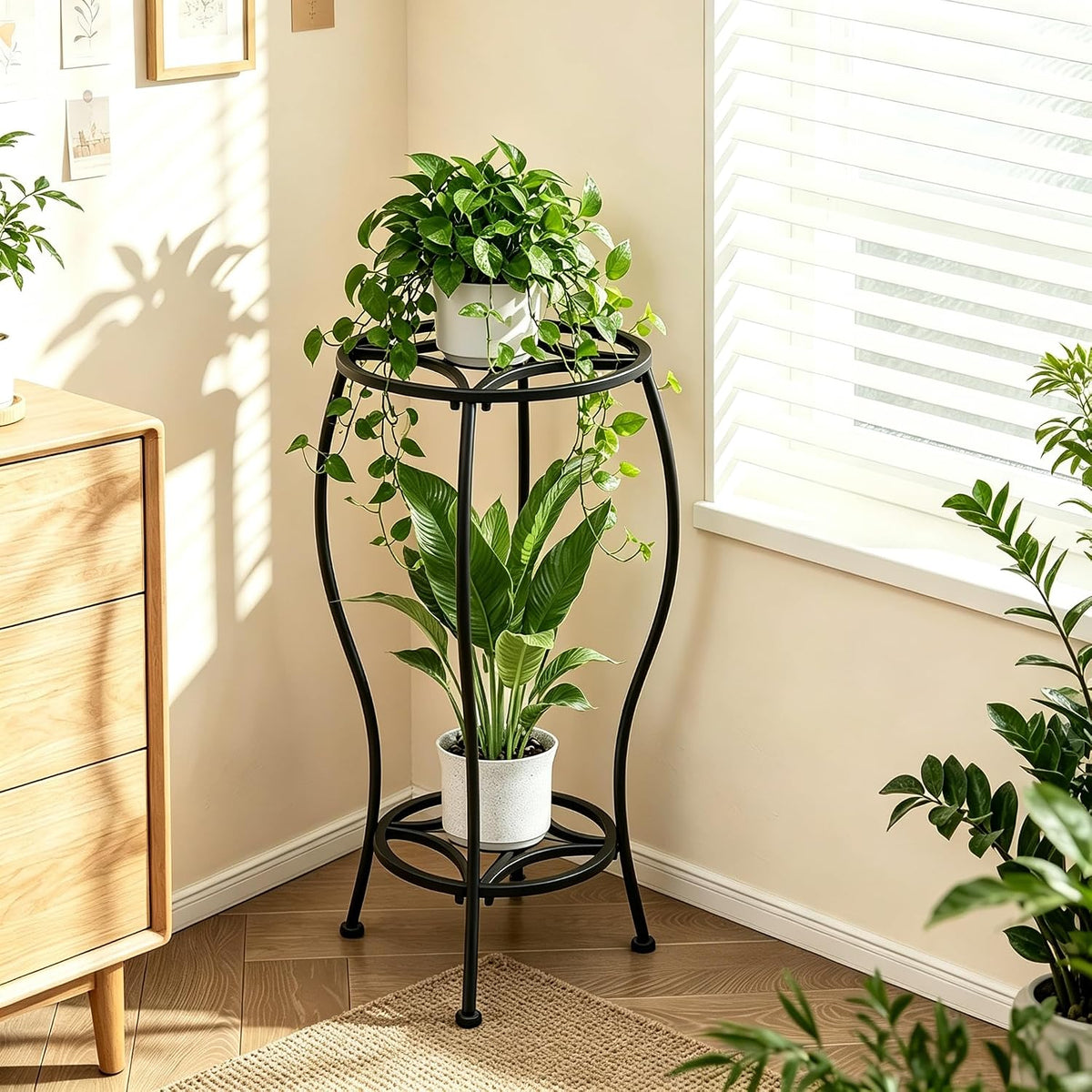 TOSKING 2-Tier Corner Metal Plant Stand, 28.7-Inch Geometric Shelf, Black | Curved-Leg Metal Plant Stand with Spacious