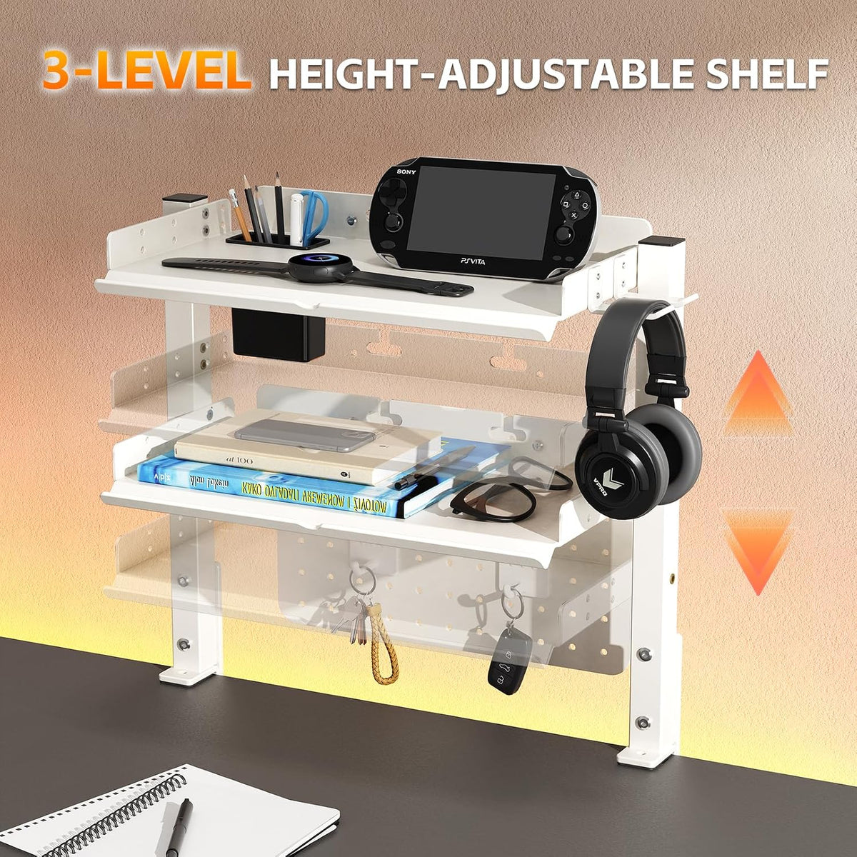 Metal Clamp On Desk Shelf,Storage Shelves with Pegboard and Pencil Holder | 2-Tier Adjustable 16 inch Above or Under