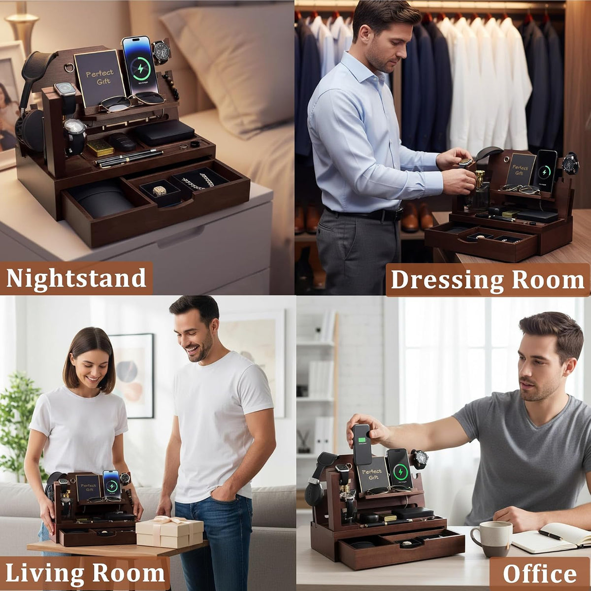 Nightstand Organizer for Men with Large Drawer, Wood Phone Docking Station for Phone, Apple Watch, Wallet & Keys, Ideal