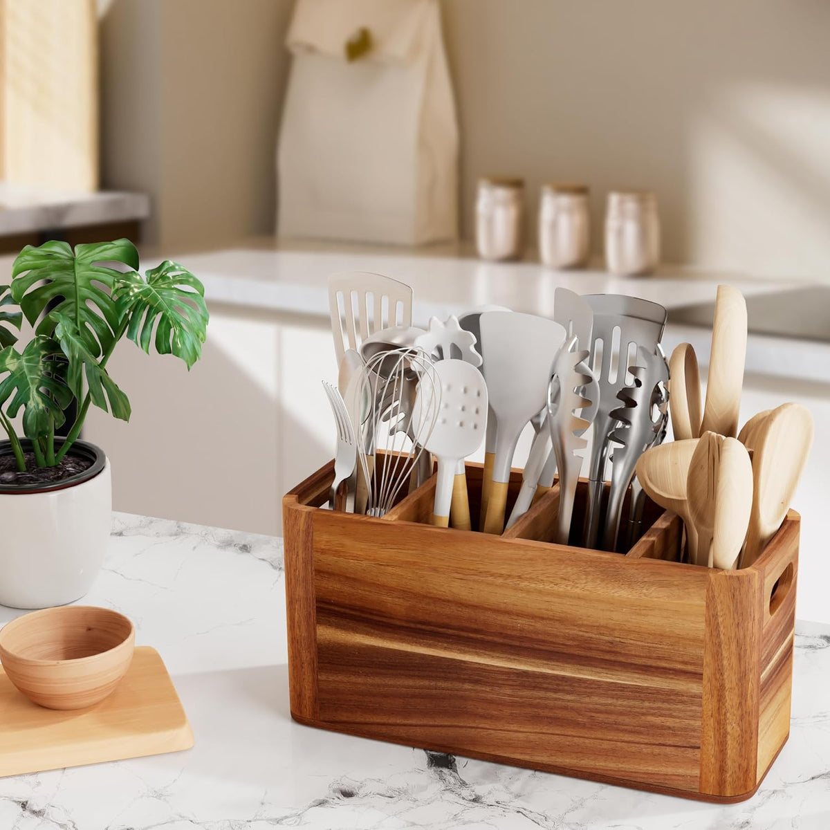 Utensil Holder for Kitchen Counter, Extra Large Utensil Holder for Countertop with 4 Compartments Wooden Cooking