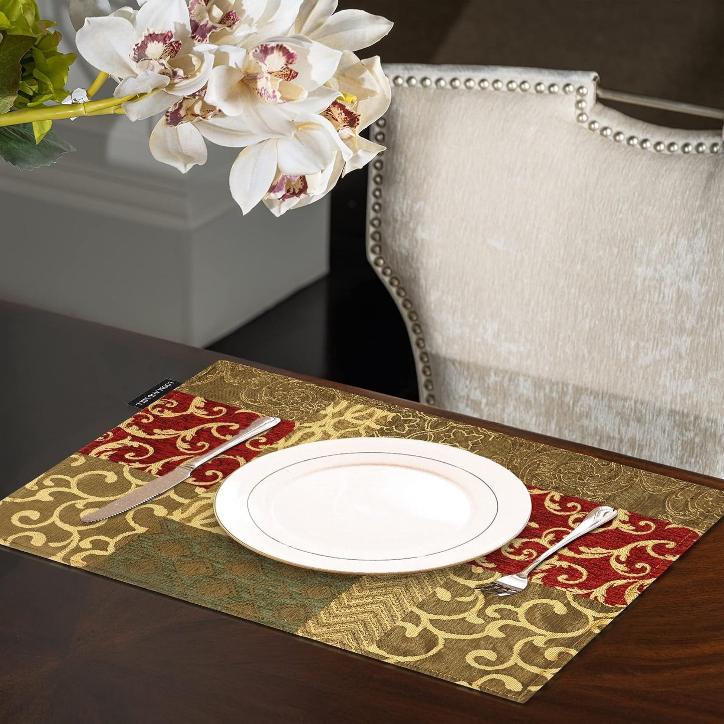 Loom and Mill Luxury Patchwork Damask Placemats Set of 6, Red Gold, 12x18in | Chenille Jacquard Non-Slip Table Place