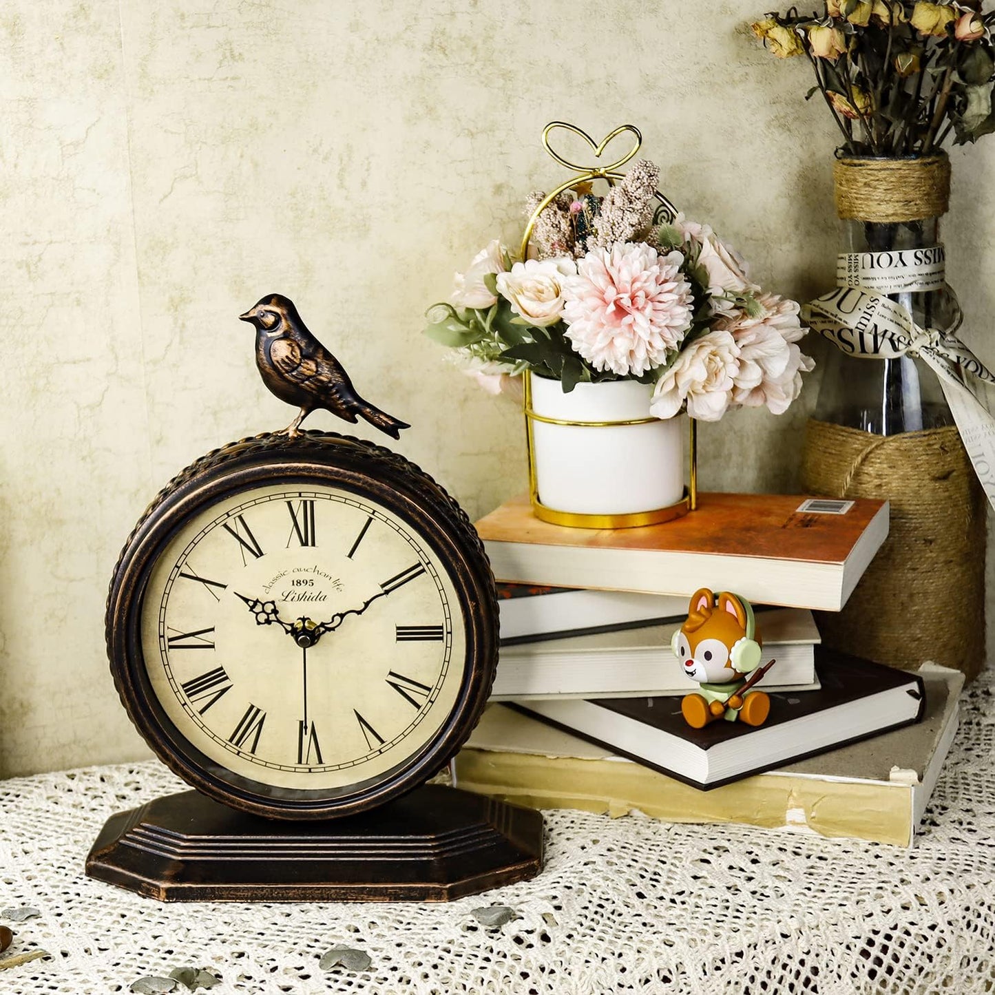 Desk Clock for Bedroom Kitchen Vintage Table Clock Mantel Desktop Farmhouse Tabletop Metal Clock for Office Living Room