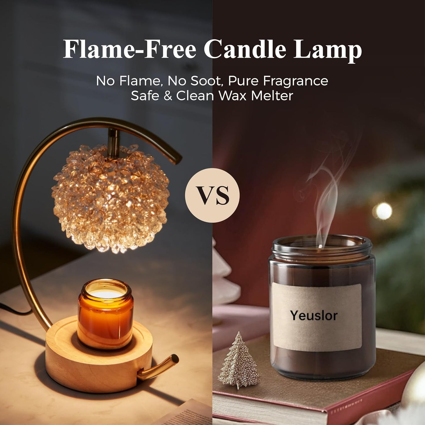 Yeuslor Gold Candle Warmer Lamp for Jar Candles with Adjustable Brightness＆Timer，Handcrafted Crystal＆Wooden Base